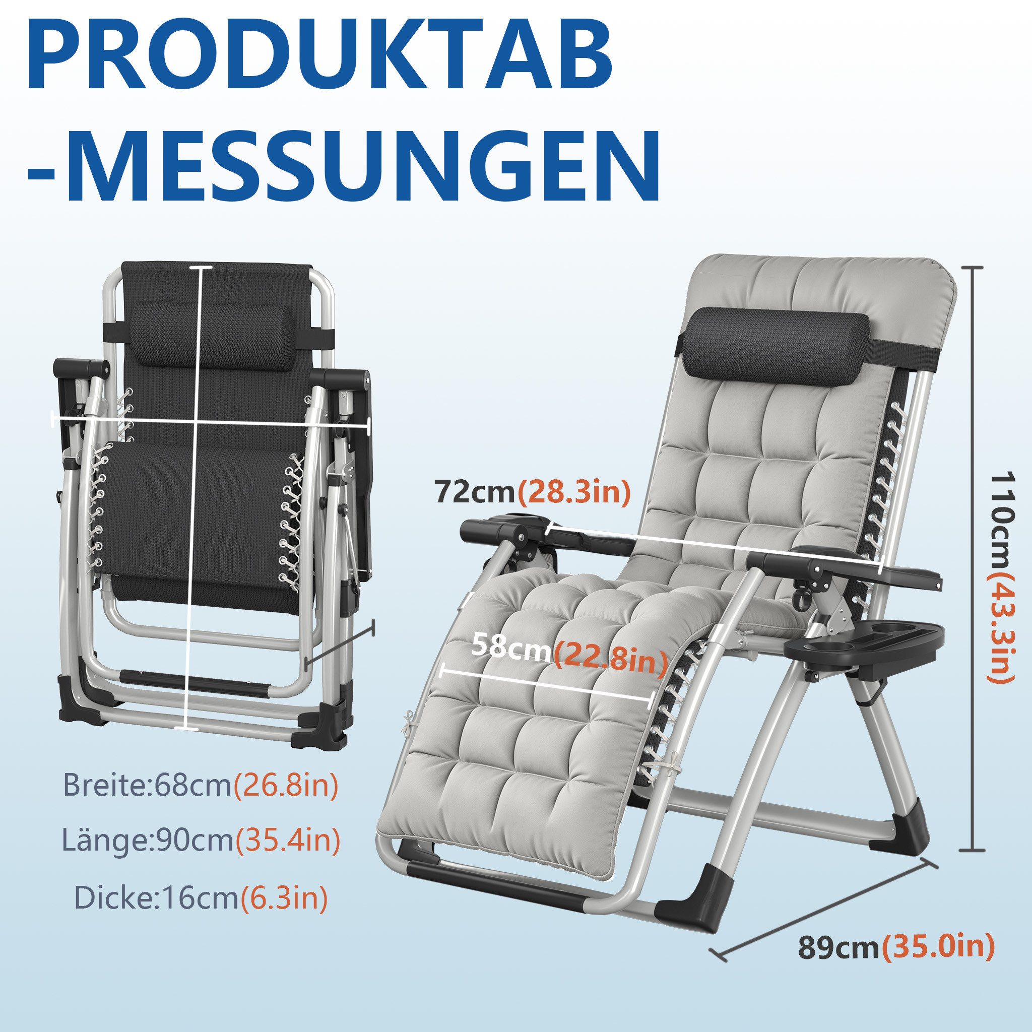 FIVMEN Gartenliege Sonnenliege klappbar Liegestuhl Verstellbare Rückenlehne 90–170°, inkl. Nackenkissen, Getränkehalter, Seitentasche, bis 160kg