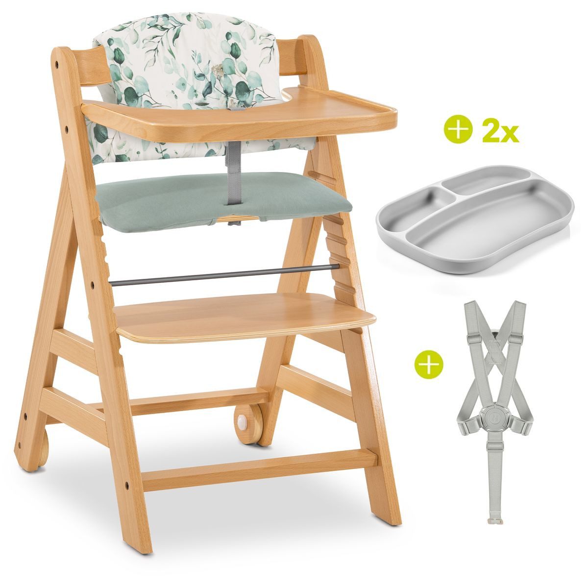 Hauck Hochstuhl Alpha Move - Natur, Holz Kinderhochstuhl ab 6 Monaten mit Essbrett, Sitzkissen & Essteller