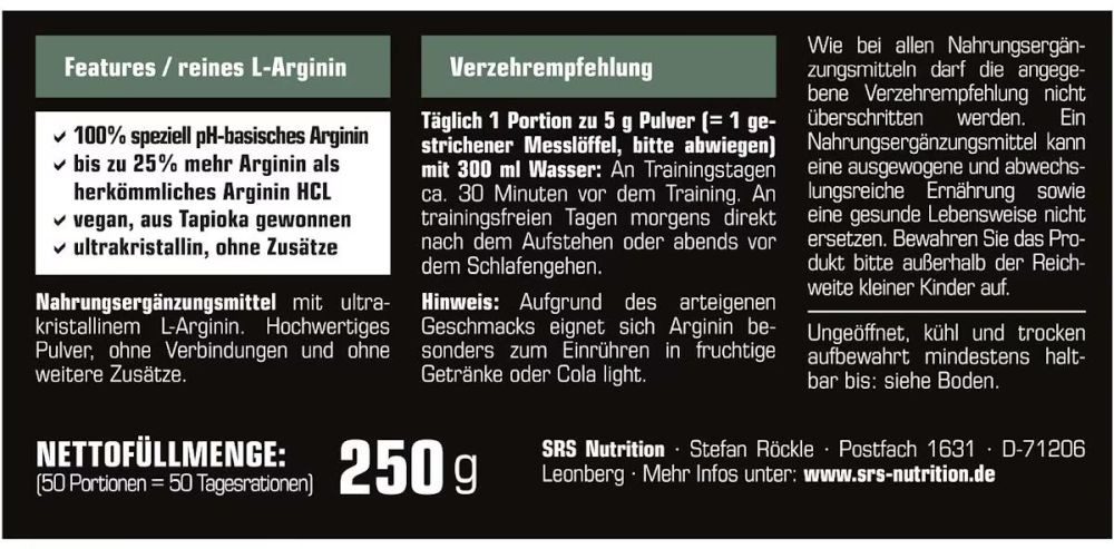 SRS NUTRITION SRS Nutrition Arginin, 250g Pulver