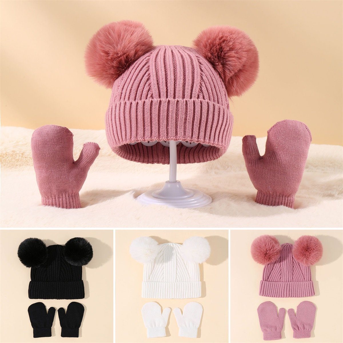 Hut Wintermütze Jahre & In 1-4 3 Mädchen Beanie Rutaqian (Warme Kinder 1 Winter Set für Set alt Handschuhe Kinder Schal Weiß Winter Handschuhe Mütze Set)