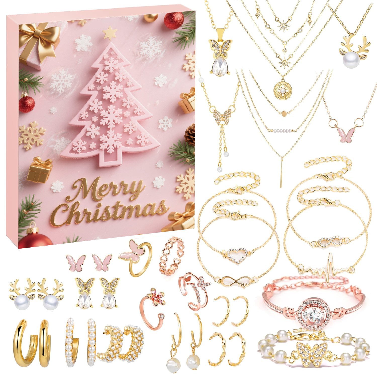 Coonoor Adventskalender 2025 Weihnachtskalender Schmuck Set (24 Überraschungen Armband Halskette Ohrringe), Weihnachtsgeschenke für Frauen Mädchen Teenager