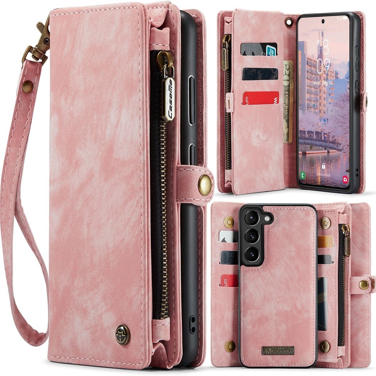Wigento Handyhülle Für Samsung Galaxy S23 Multifunktion Teilbare Handy Tasche Geldbörse Hülle Etuis Pink