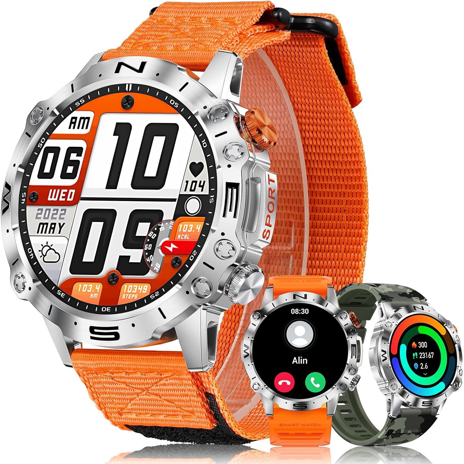 MEGALITH smartwatch men K59 Smartwatch (3,6 cm, android ios), Robuste Smartwatch für Herren mit 3 Armbändern und AMOLED-Display