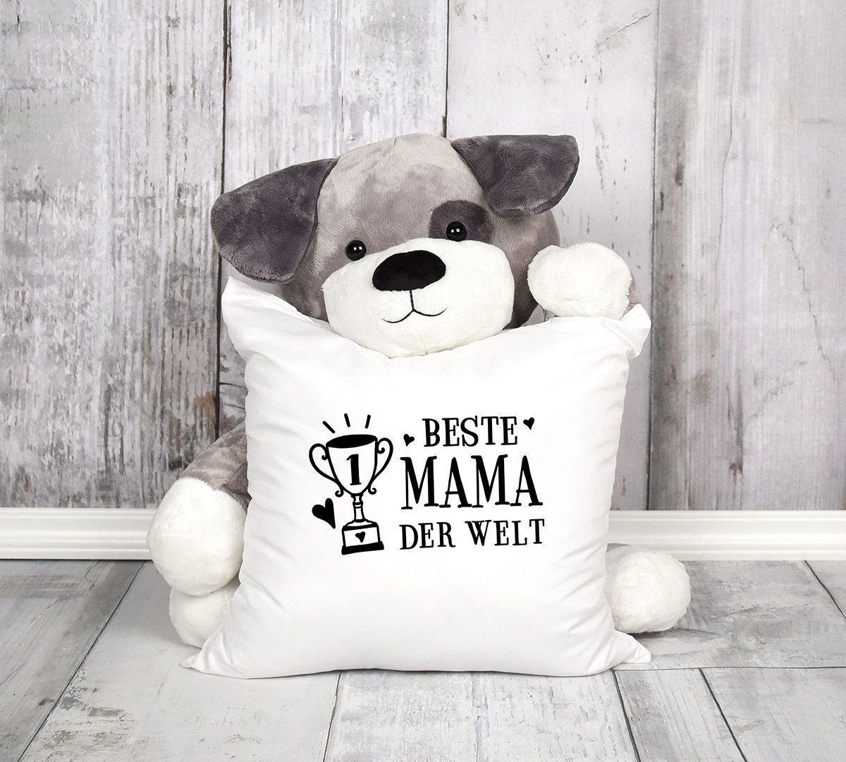 MoonWorks Dekokissen Kissen-Bezug Geschenk zum Muttertag MoonWorks® Pokal Mama der Baumwolle Kissen-Hülle Beste natur Deko-Kissen Welt