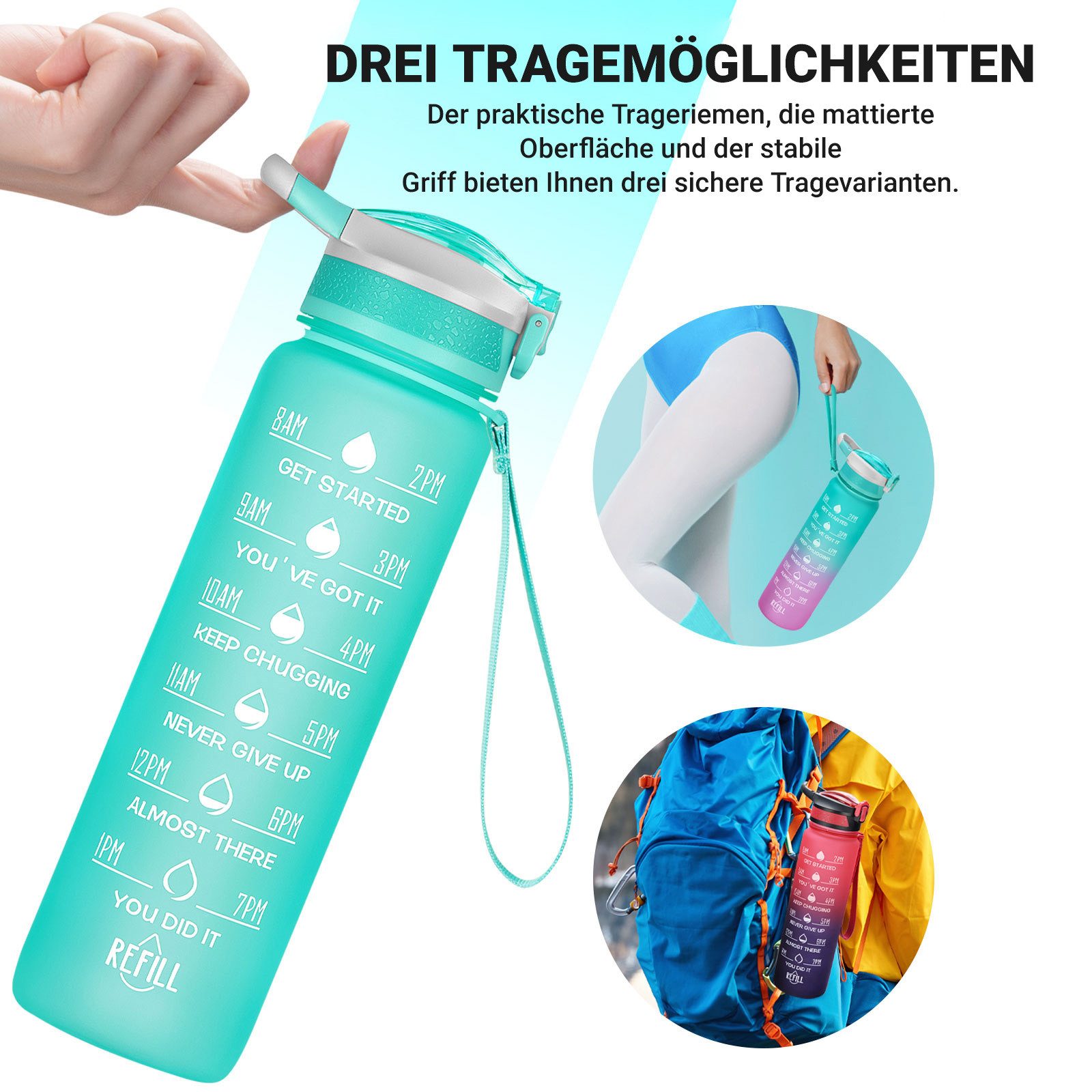 OKWISH Trinkflasche 1L Sport Wasserflasche Auslaufsicher Fitnessflasche, mit Strohhalm und Flip-Top-Deckel, für Fitness Schule Outdoor usw.