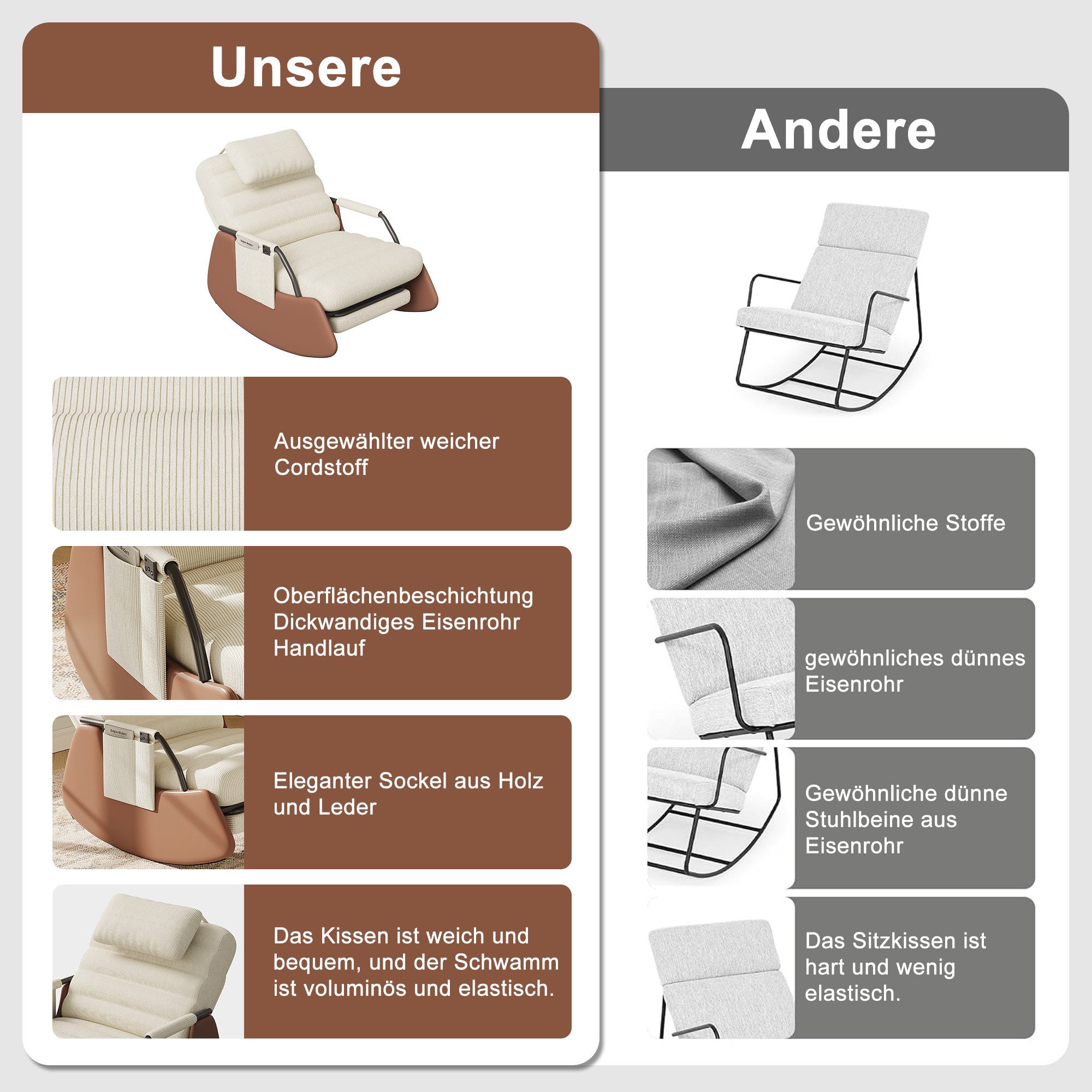 FUROKOY Schaukelstuhl Relaxsessel 3-stufia verstellbare Rückenlehne (Set, 1 St), Wohnzimmersessel mit Armlehnen und Fußstütze Cord,Beige,67x91.5x92cm – Bild 3 von 5