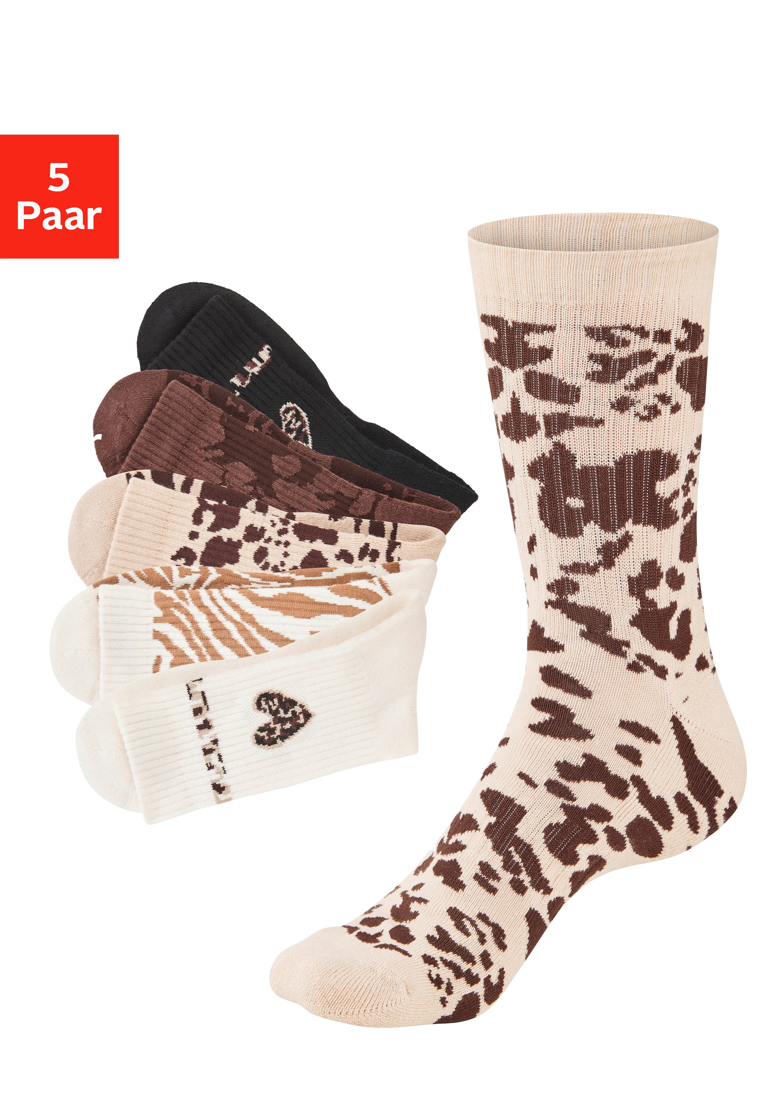 Buffalo Tennissocken Damen Fußfrottee Sportsocken; modisch (Packung, 5-Paar, Gr. 35-38 bis 39-42) in unterschiedlichen Animal Muster Designs