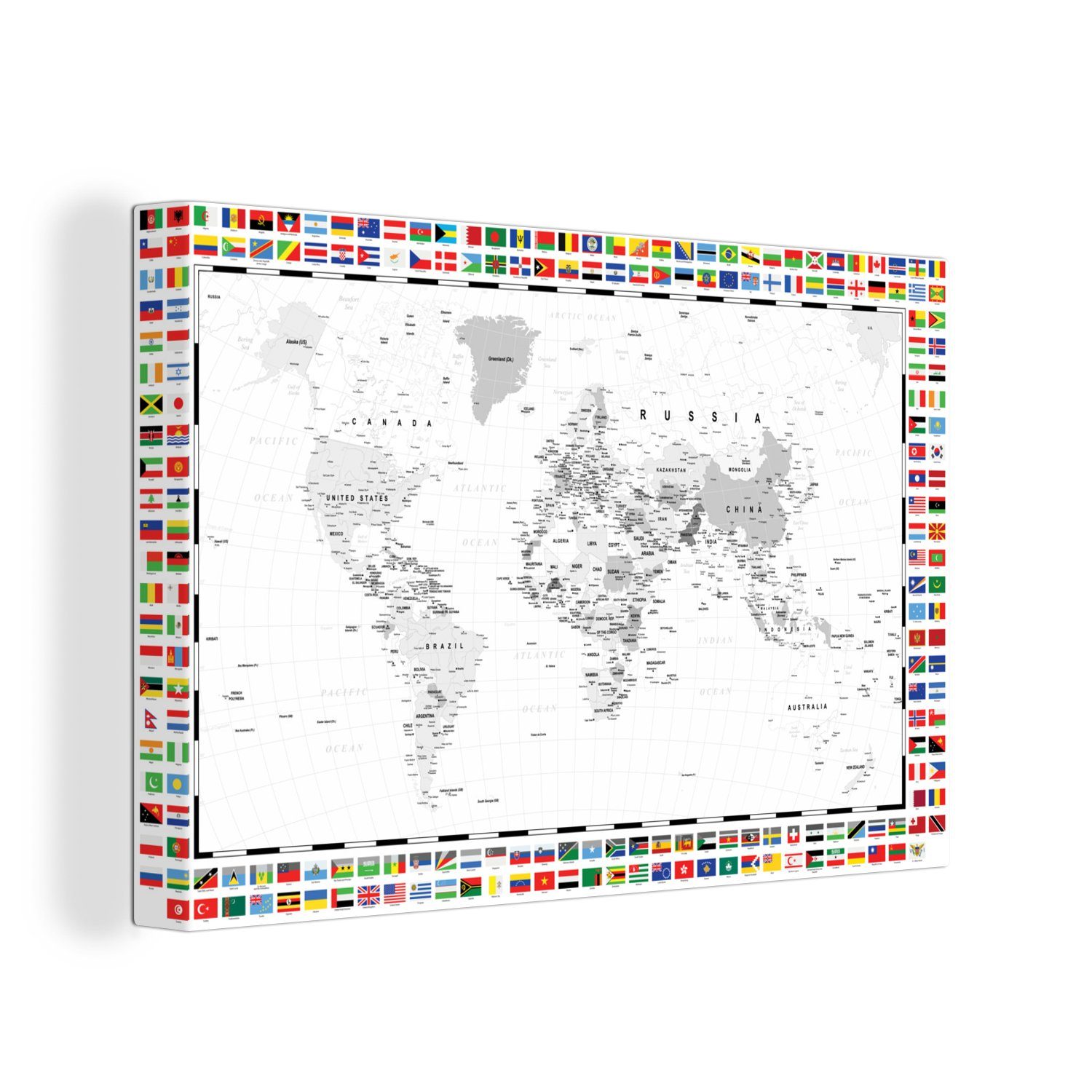 OneMillionCanvasses® Leinwandbild Weltkarte - Schwarz - Weiß - Flagge, (1 St), Wandbild Leinwandbilder, Aufhängefertig, Wanddeko, 30x20 cm