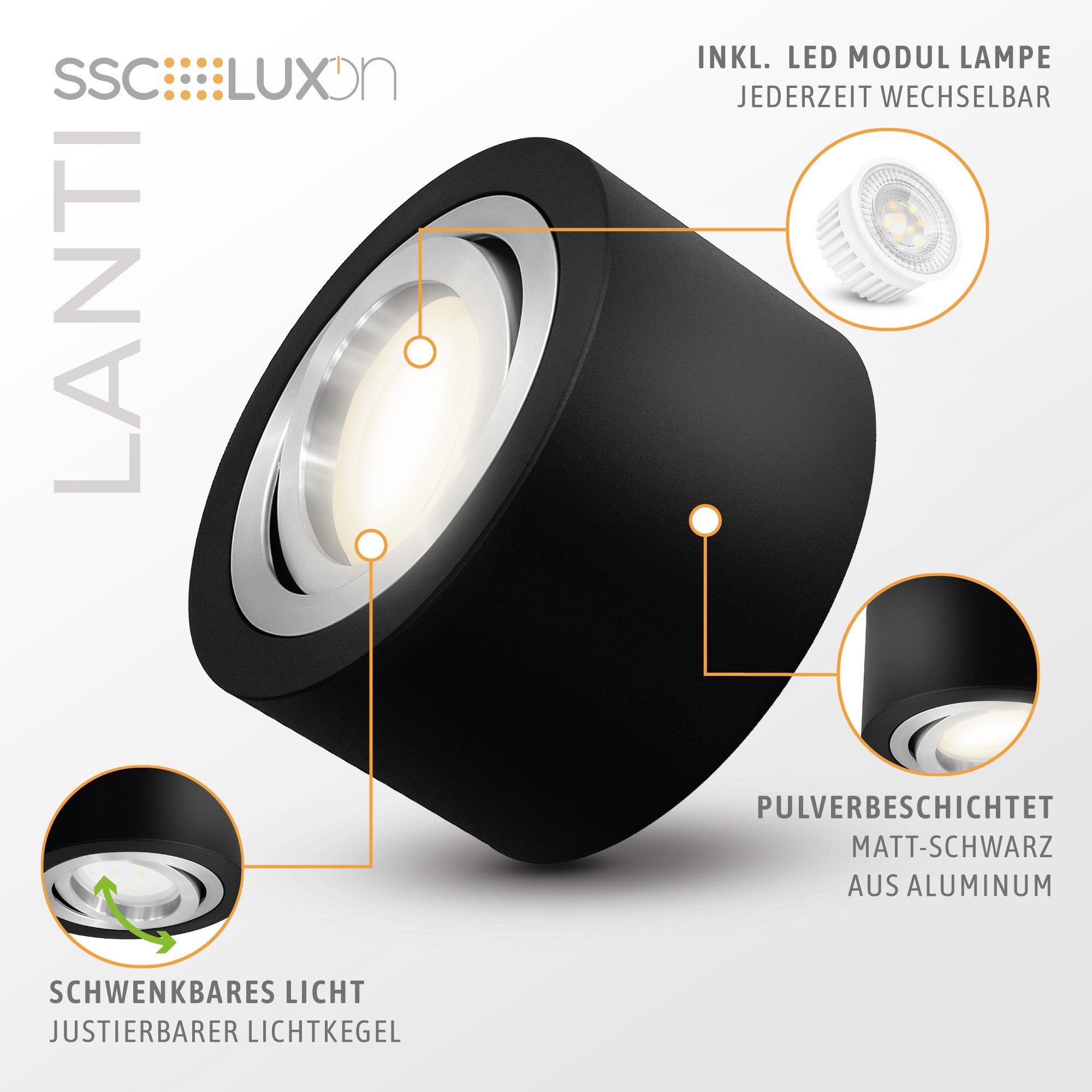 SSC-LUXon LED Aufbaustrahler LANTI Deckenspot rund schwarz schwenkbar mit LED Lampe 4W neutralweiß, Neutralweiß