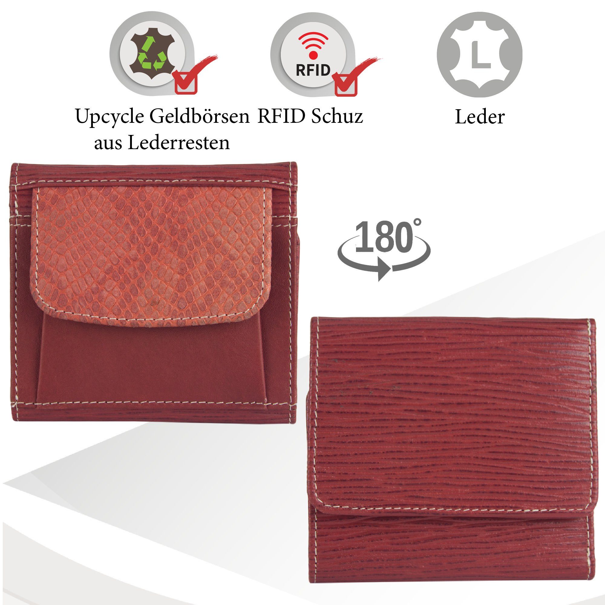 klein Sunsa Leder Geldbeutel Leder, orange /rot echt Geldbörse RFID-Schutz, mit Unisex Portemonnaie Damen, Brieftasche Lederresten, aus echt recycelten