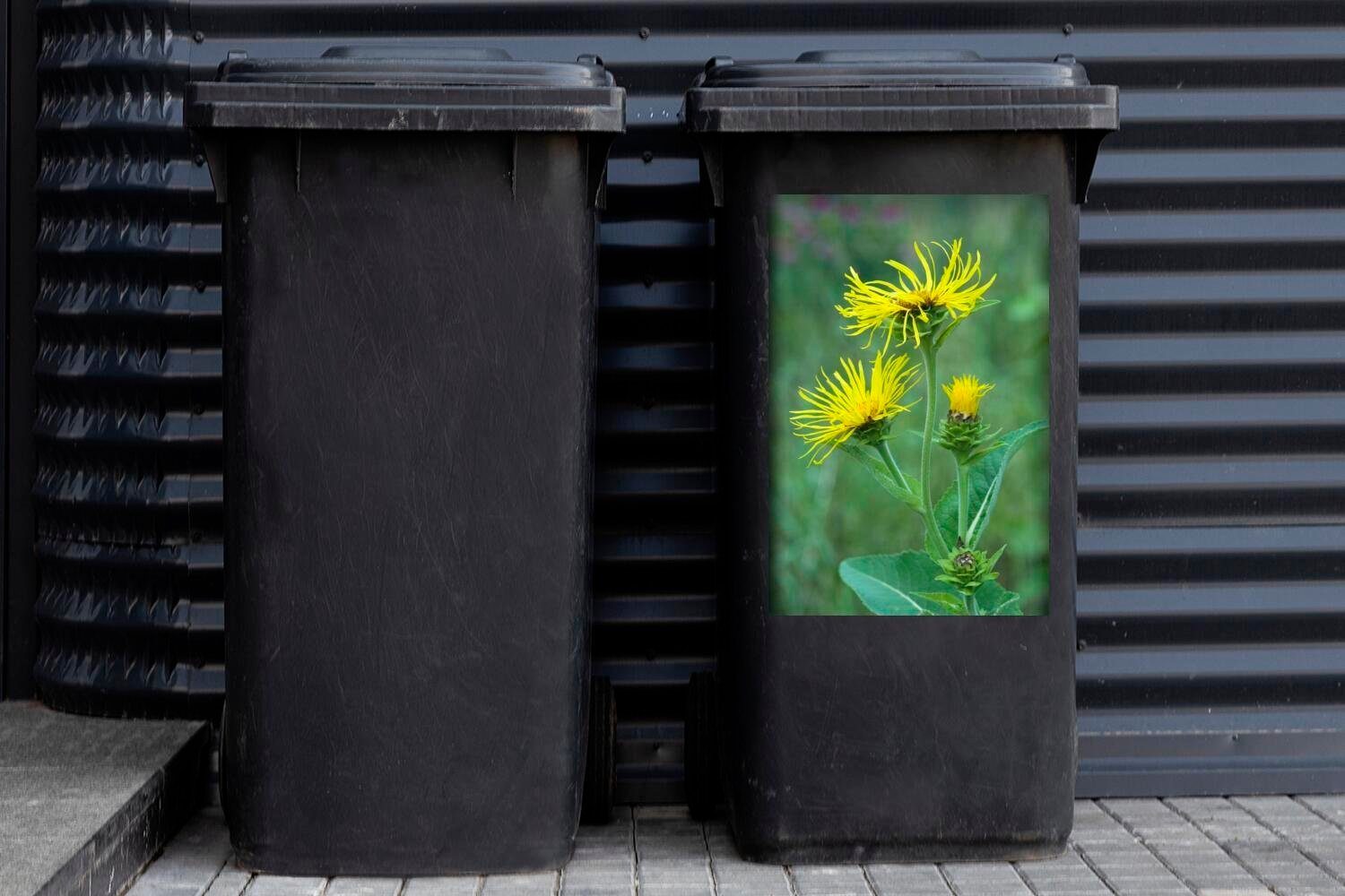 Mülltonne, Container, (1 MuchoWow Abfalbehälter grünen Sticker, Mülleimer-aufkleber, Gras Gelbe St), Wandsticker im Alantblüte hohen