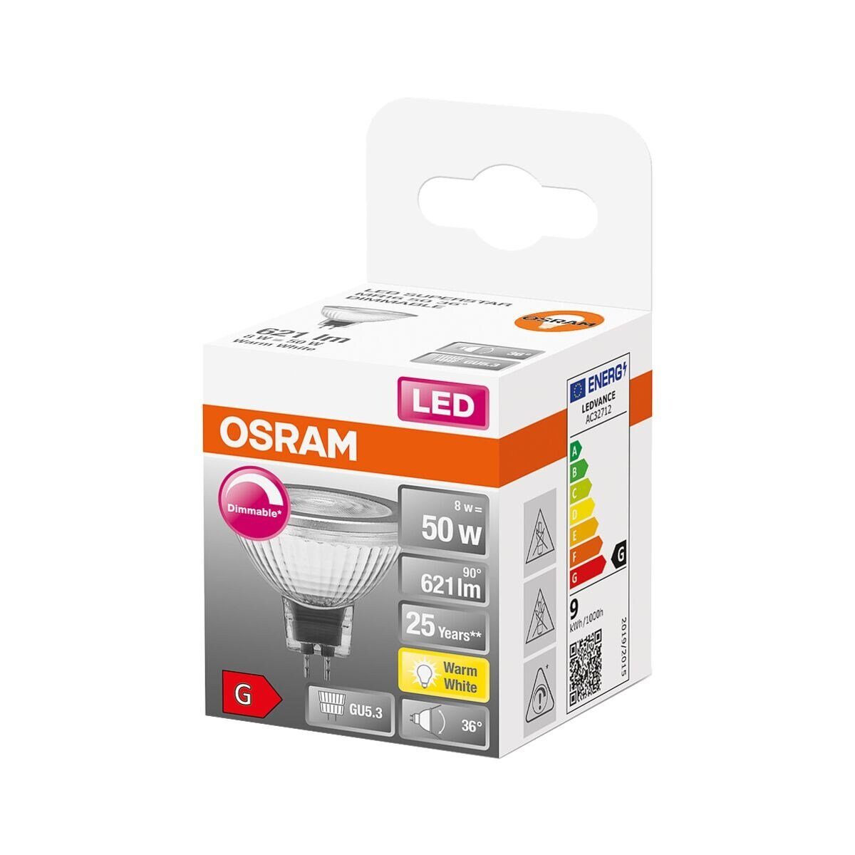 8 50, Osram Superstar W, GU5.3, mit Retrofit-Stecksockel MR16 LED-Leuchtmittel warmweiß,