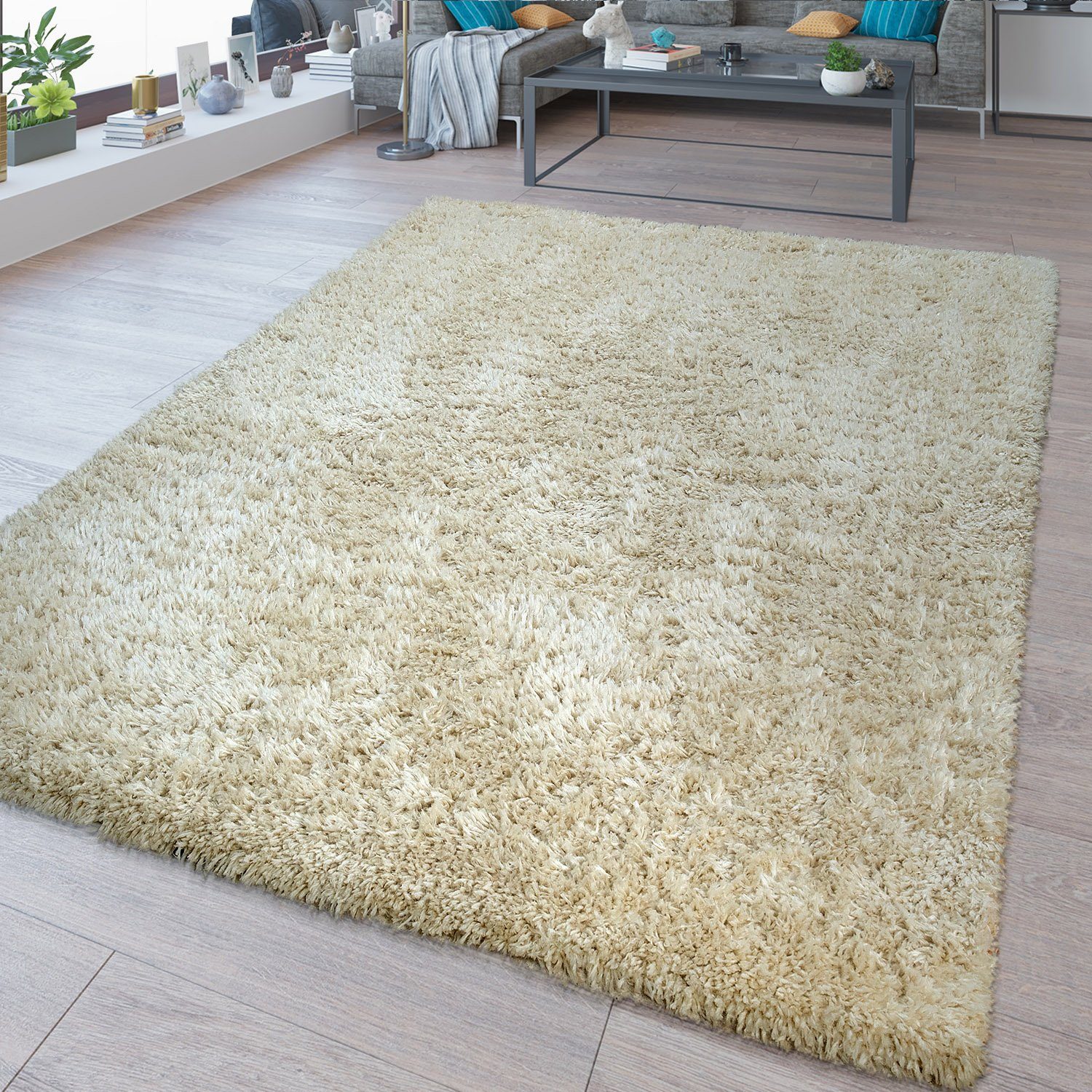 Hochflor-Teppich Waschbarer Hochflor Teppich Shaggy Flokati Look In Uni Beige, TT Home, rechteckig, Höhe: 44 mm