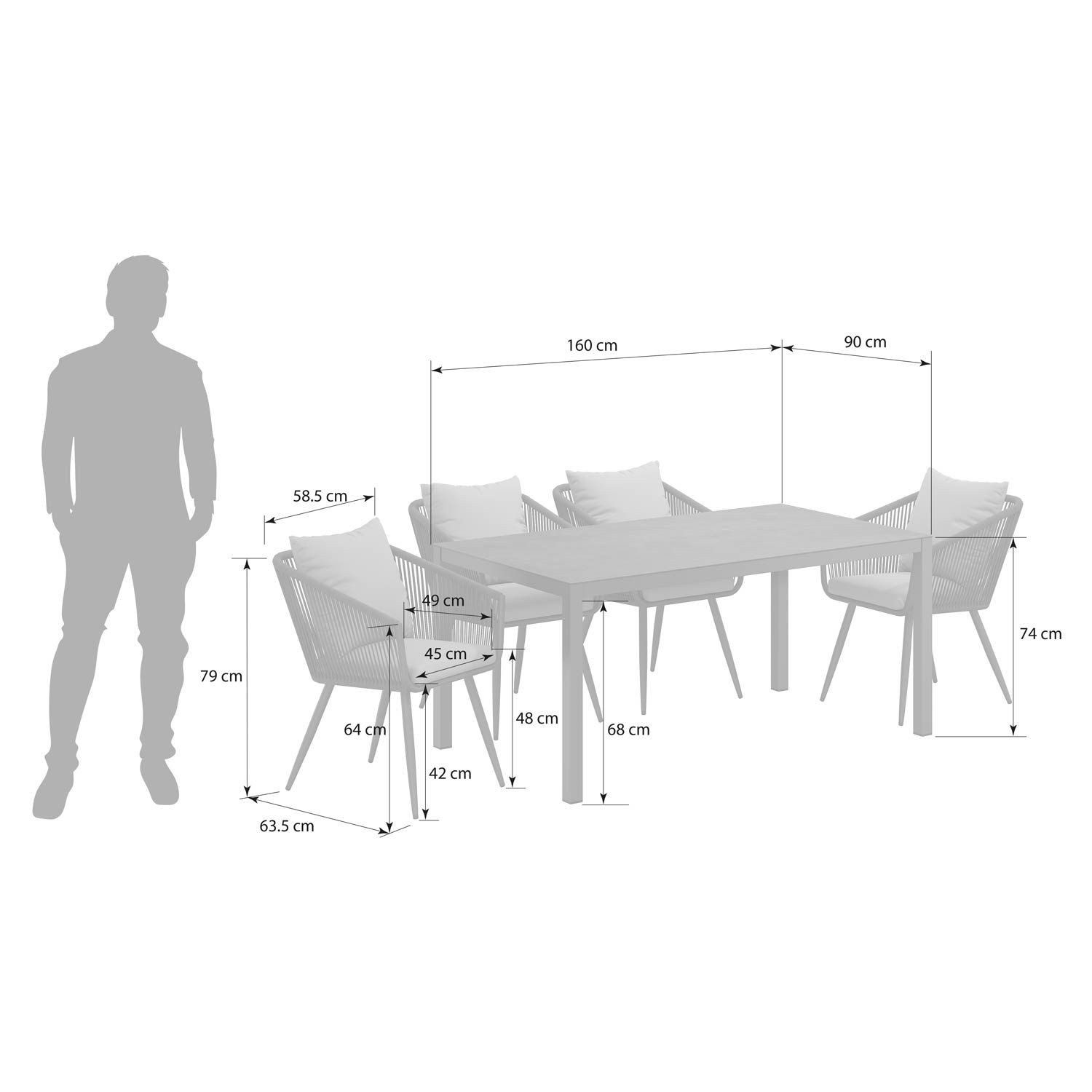 OUTLIV. Garten-Essgruppe OUTLIV. Alex Gartenmöbel-Set M Tisch 160x90 cm Glaskeramik/Anthrazit, bestehend aus 4 Stühlen + 1 Tisch inklusive Auflagen