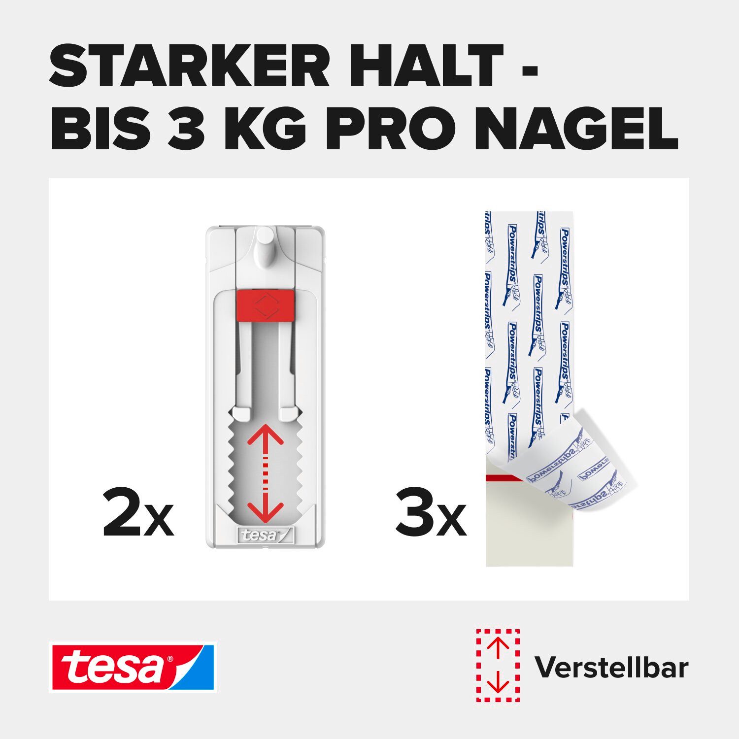 tesa Klebehaken tesa Klebenagel für Fliesen und Metall (verstellbar, 3 kg), Dekoration, Leinwände, Bilder, Girlanden, Lichterketten, (Packung, 2-St., 2 Stück), Klebenagel mit max. 3 kg Haltekraft - Fliesen & Metall - 2er Pack