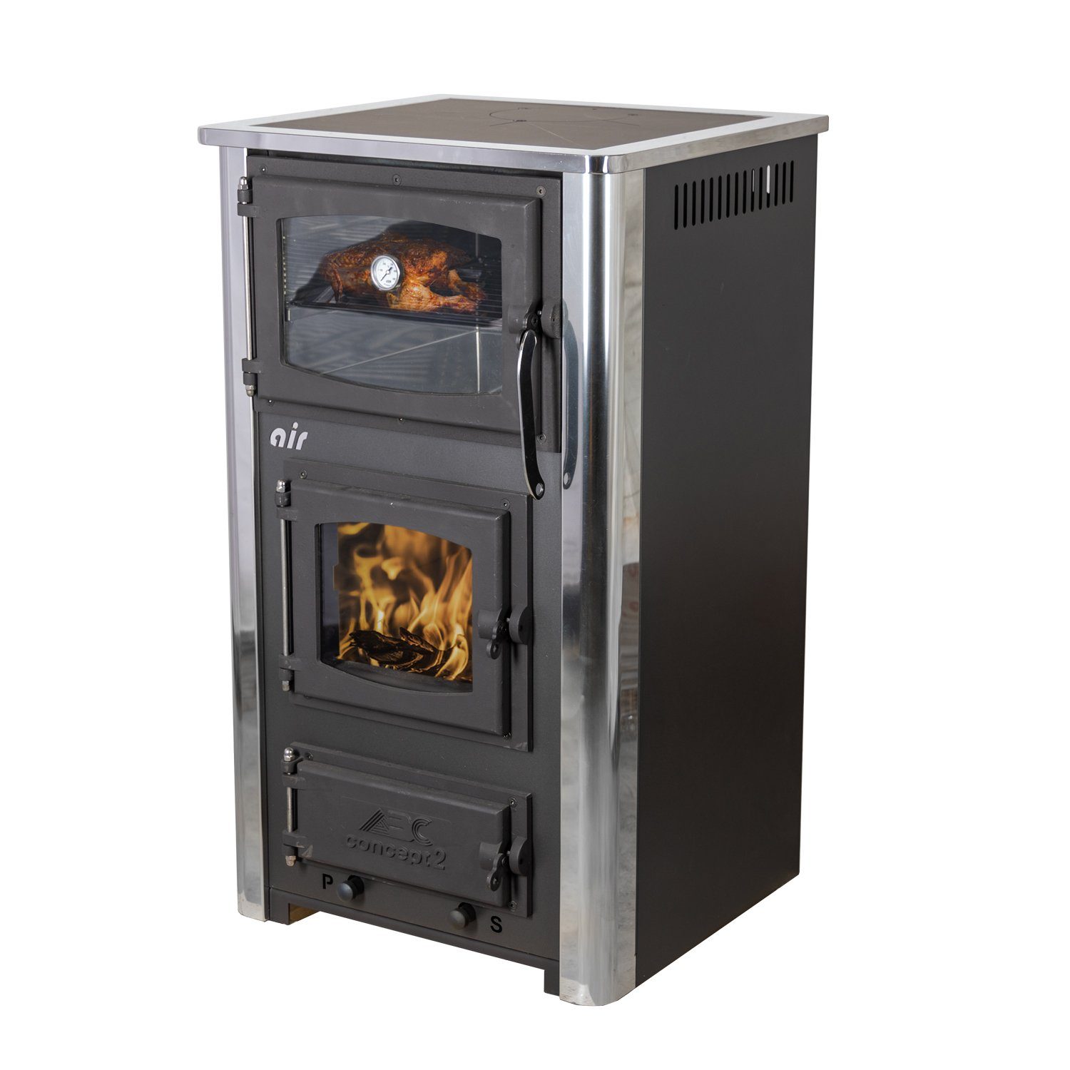 ABC Proizvod Kaminofen Dauerbrand mit Backfach 10 kW für Holz Briketts ABC MINI, 10,00 kW, Dauerbrand, Mehrfachbelegung, (Erfüllt die BImSchV- Stufe 2), Wohnzimmer Modern Backofen zum Kochen