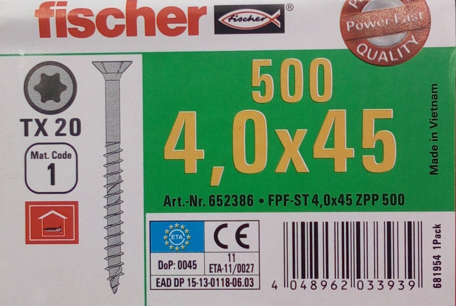 Fischer Befestigungstechnik Spanplattenschraube 500x fischer Holzbauschrauben 4,0x45mm TX20 Holzschrauben verzinkt Tei, (500 St)