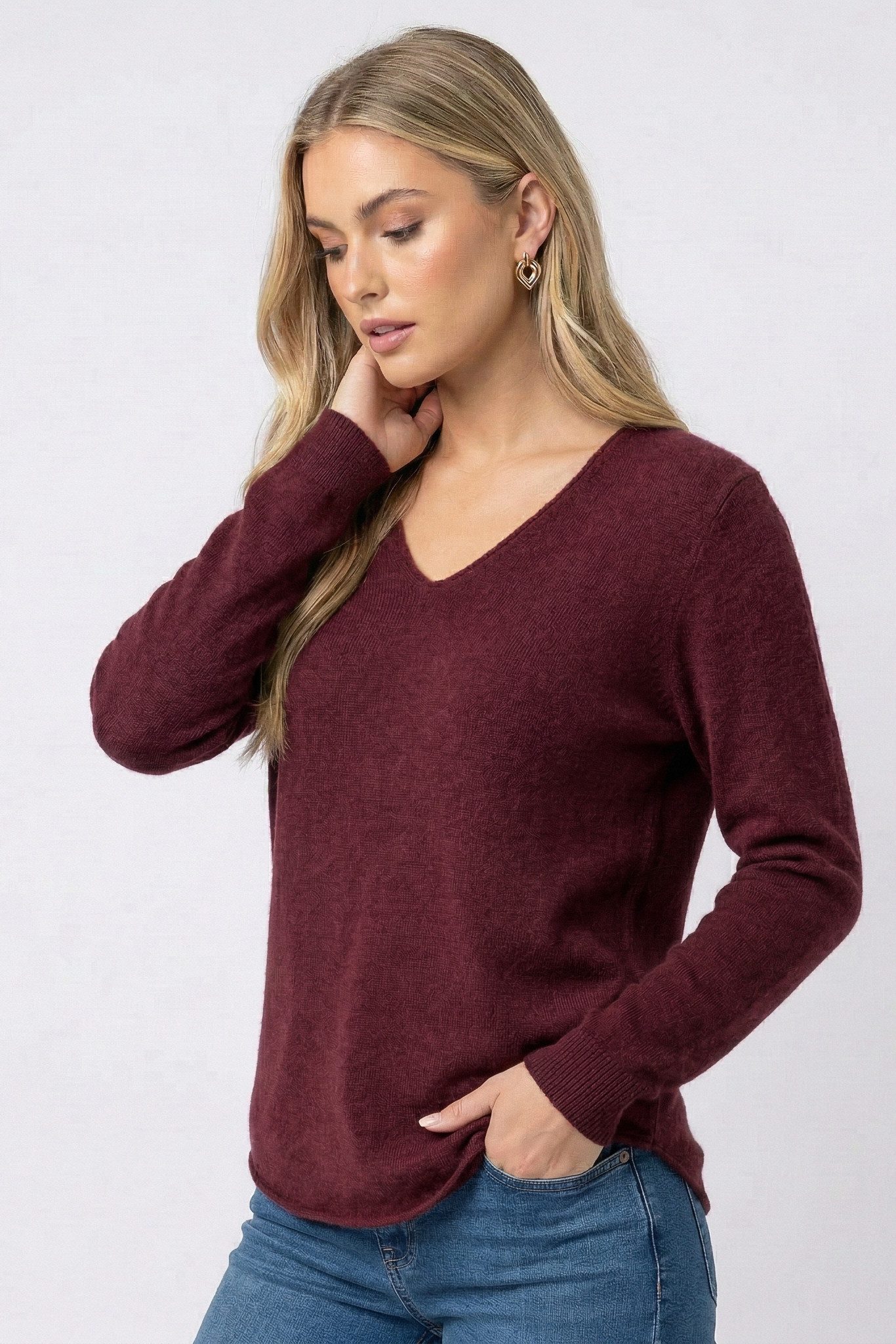 Kendindza Collection V-Ausschnitt-Pullover Damen Strickpullover V-Ausschnitt Feinstrick Basic Sweater Langarm Made in Italy - Weicher Viskose-Wolle Mix - One Size (34-36-38-40)