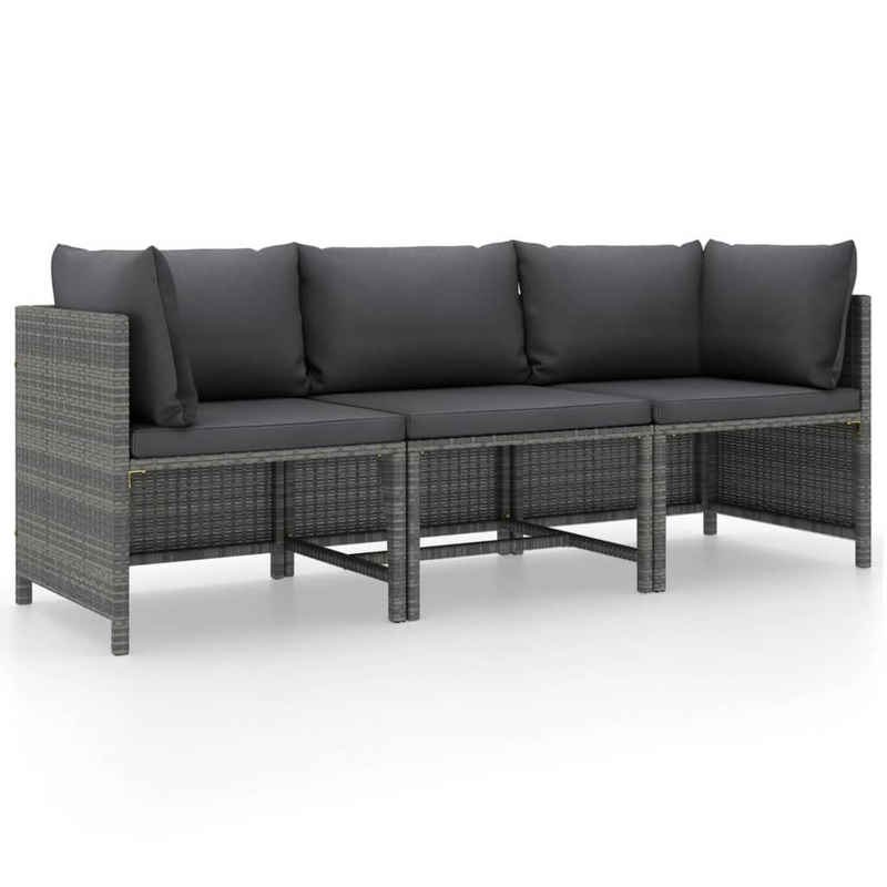 vidaXL Loungesofa 3-Sitzer-Gartensofa mit Kissen Grau Poly Rattan, 1 Teile