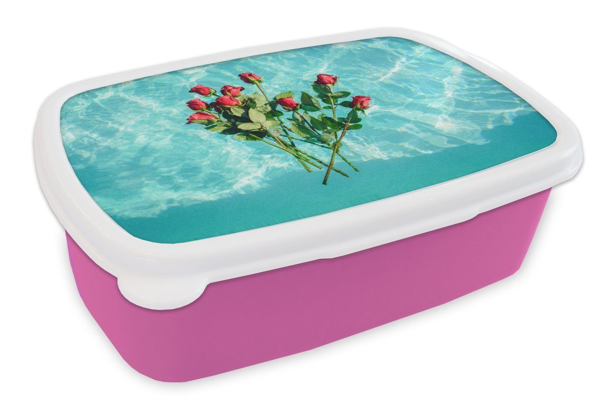 MuchoWow Lunchbox Rosen - Wasser - Blumen, Kunststoff, (2-tlg), Brotbox für Erwachsene, Brotdose Kinder, Snackbox, Mädchen, Kunststoff rosa