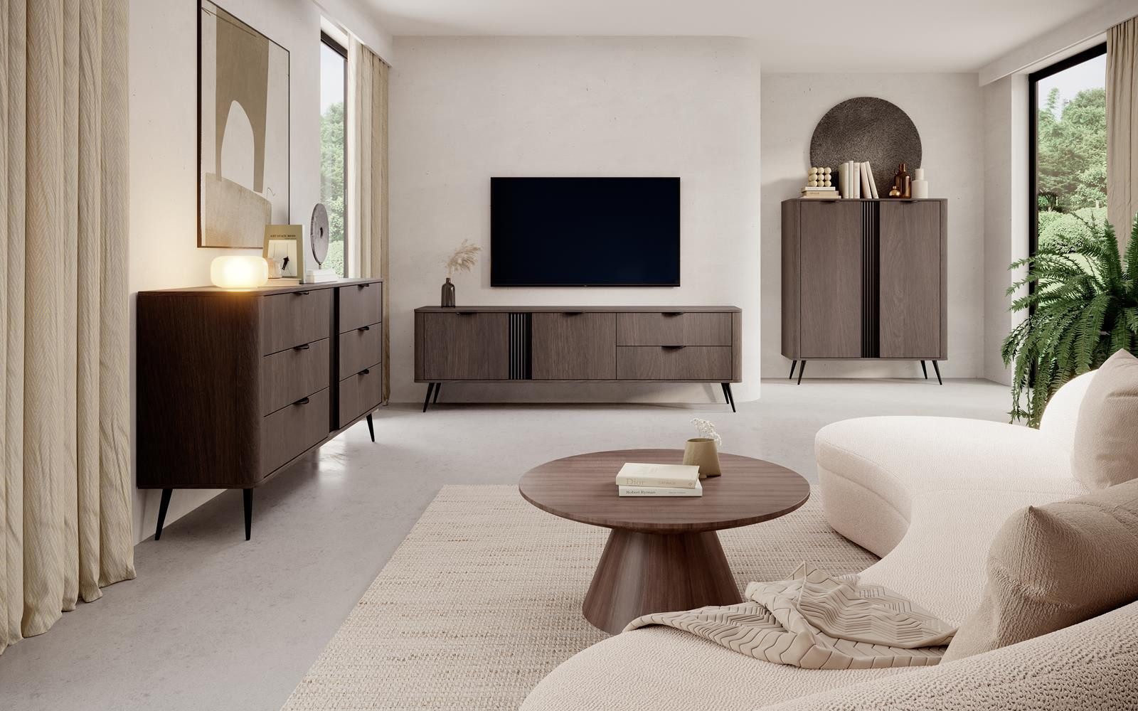 Compleo TV-Schrank mit 2 Schubladen, TV Lowboard eiche dunin, MetallFuße, Japandi SHELLY