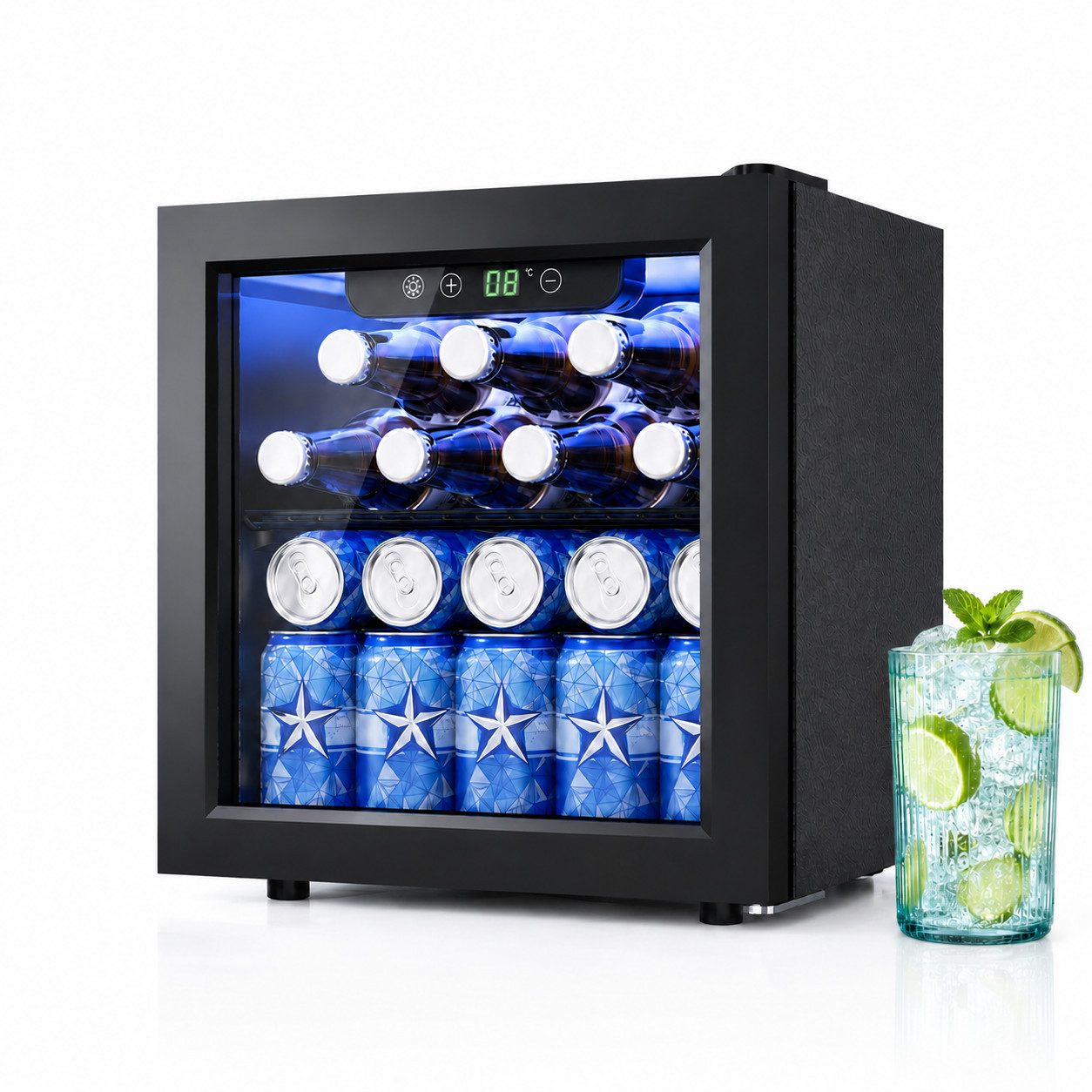 Furnicopia Getränkekühlschrank leise, 24 Dosen/6 Flaschen, verstellbares Regal, Digital-Display, Energieklasse E JC-36UEL-F, Kompressor, Doppelglas, LED, wenig Reif