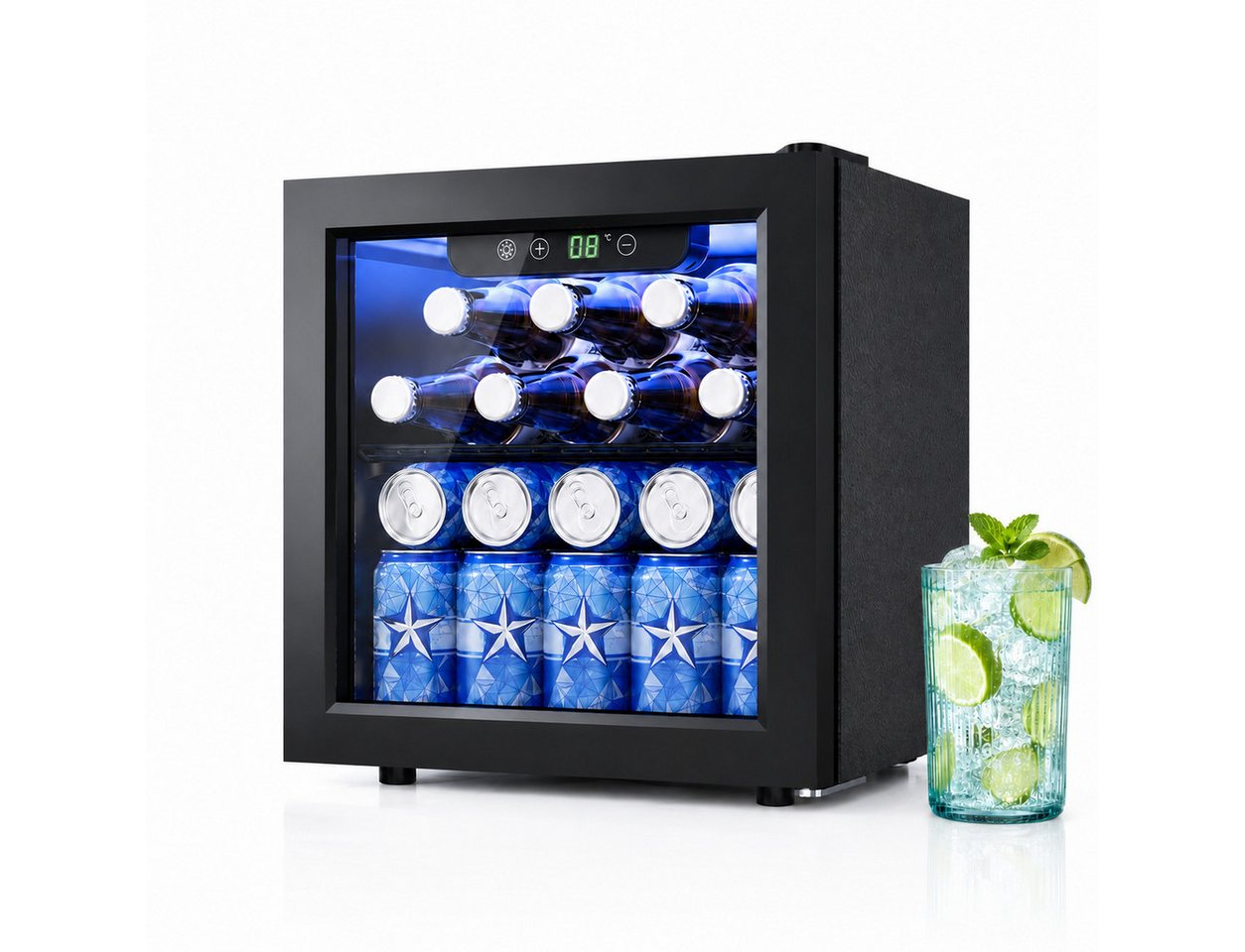 Furnicopia Getränkekühlschrank 36L,leise, 55 Dosen/12 Flaschen, verstellbares Regal, Digital-Display, Energieklasse E JC-36UEL-F, Kompressor, Doppelglas, LED, wenig Reif