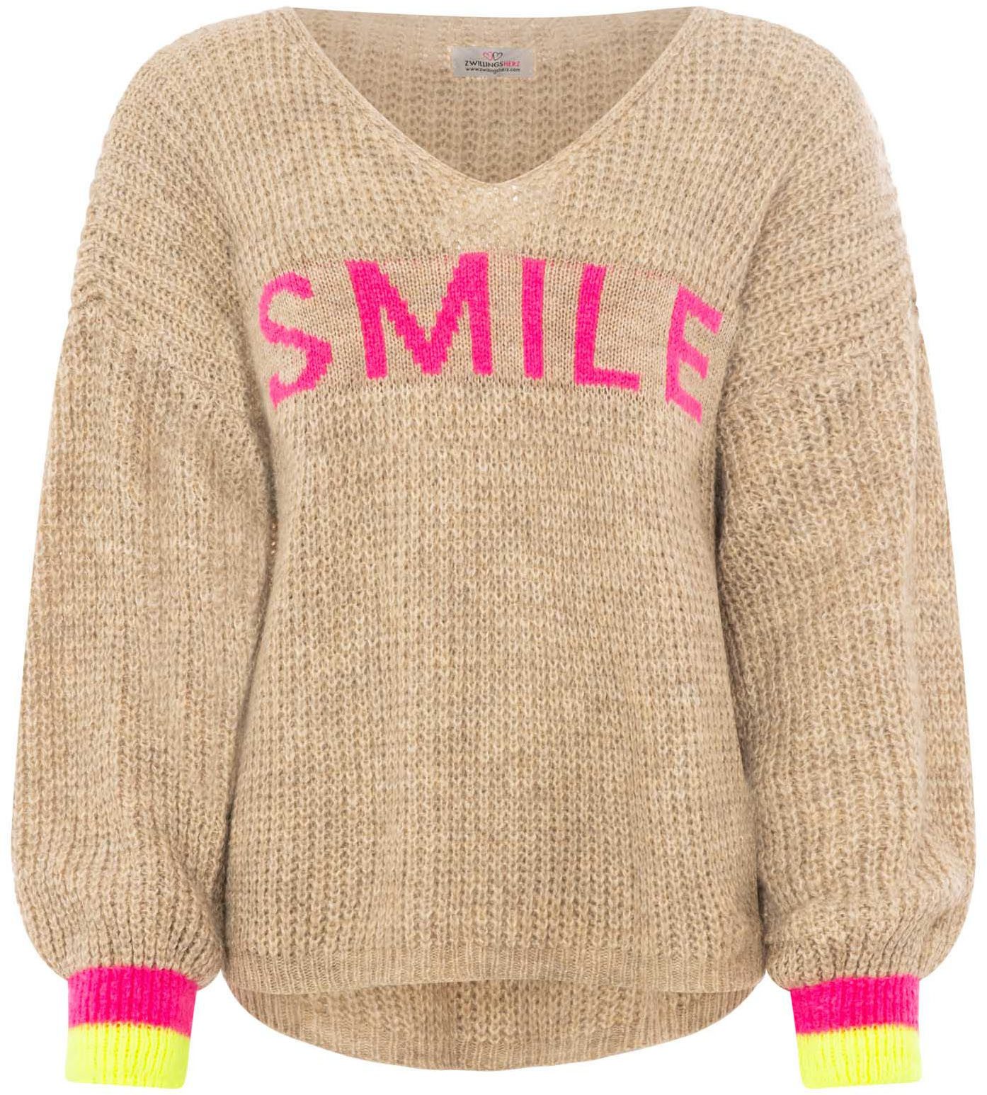 Zwillingsherz Strickpullover "Smile" Langarm, One Size, V-Ausschnitt, Neon-Details, Schriftzug