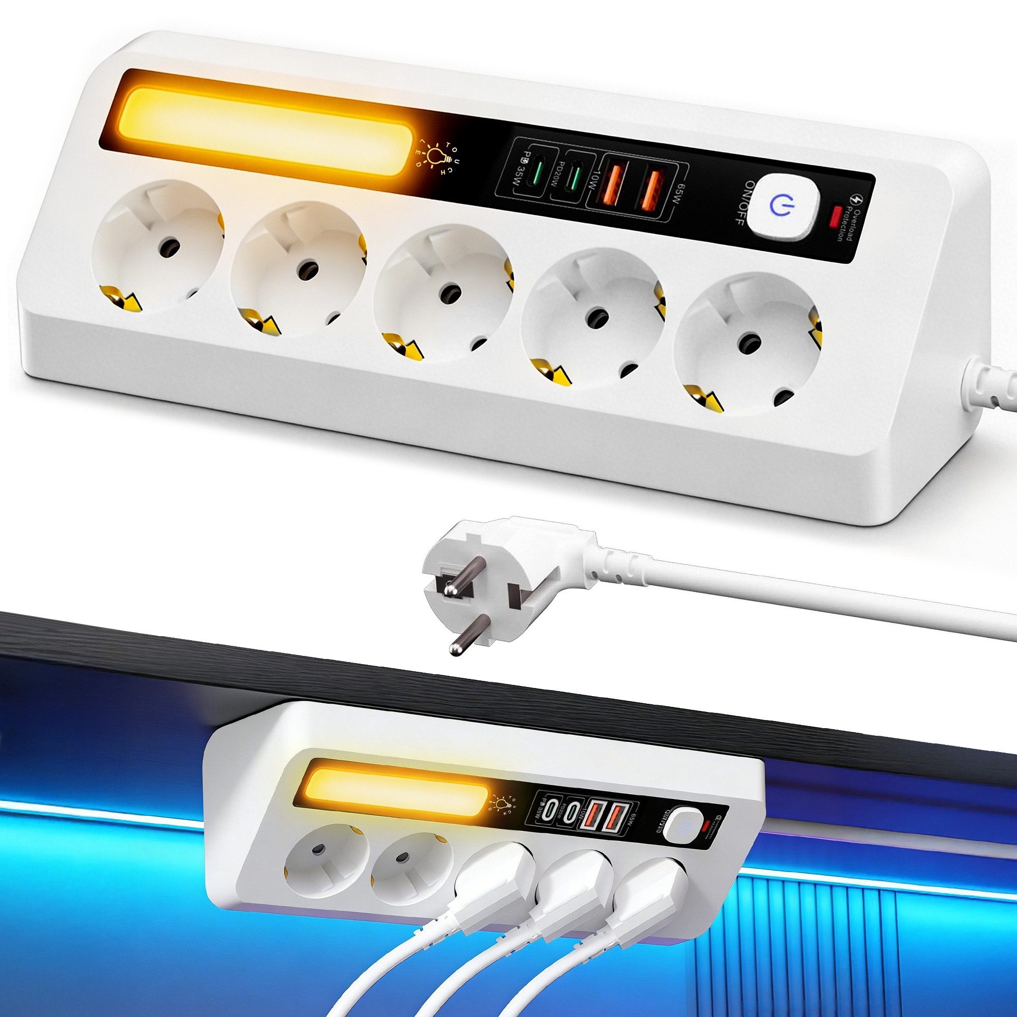 Luckice Tischsteckdosenleiste mit 5 Steckdosen,Eck-Steckdosenleiste Mehrfachsteckdose 9-fach (Ein-/Ausschalter, USB-Anschlüsse, 4 USB-Ports (PD 35 W & 20 W), LED-Statusanzeige, mit Schalter, Steckdosenleiste 5-fach, mit USB, mit Kindersicherung, Schutzkon