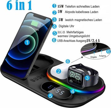 Sross Kabelloses Ladestation 6 in 1 Induktive Ladegerät Wireless Charger Induktions-Ladegerät (Induktive Ladestation Kompatibel mit iPhone 15 / 15Plus / 15Pro / 15Pro max/ iPhone 14 / 14Plus / 14Pro / 14Pro max / 13 Pro Max/13 Pro/13/12 11 Serie/XS/XR/8 Plus,Samsung Galaxy S22+/S22 Ultra/S22/S21+/S21 Ultra/S21 FE/S20, Apple Watch 8/7/6/5/4/3/2/SE, AirPods Pro / AirPods 2, 15W Fast Wireless Charger, Wireless Handy-Induktionsladegeräte)