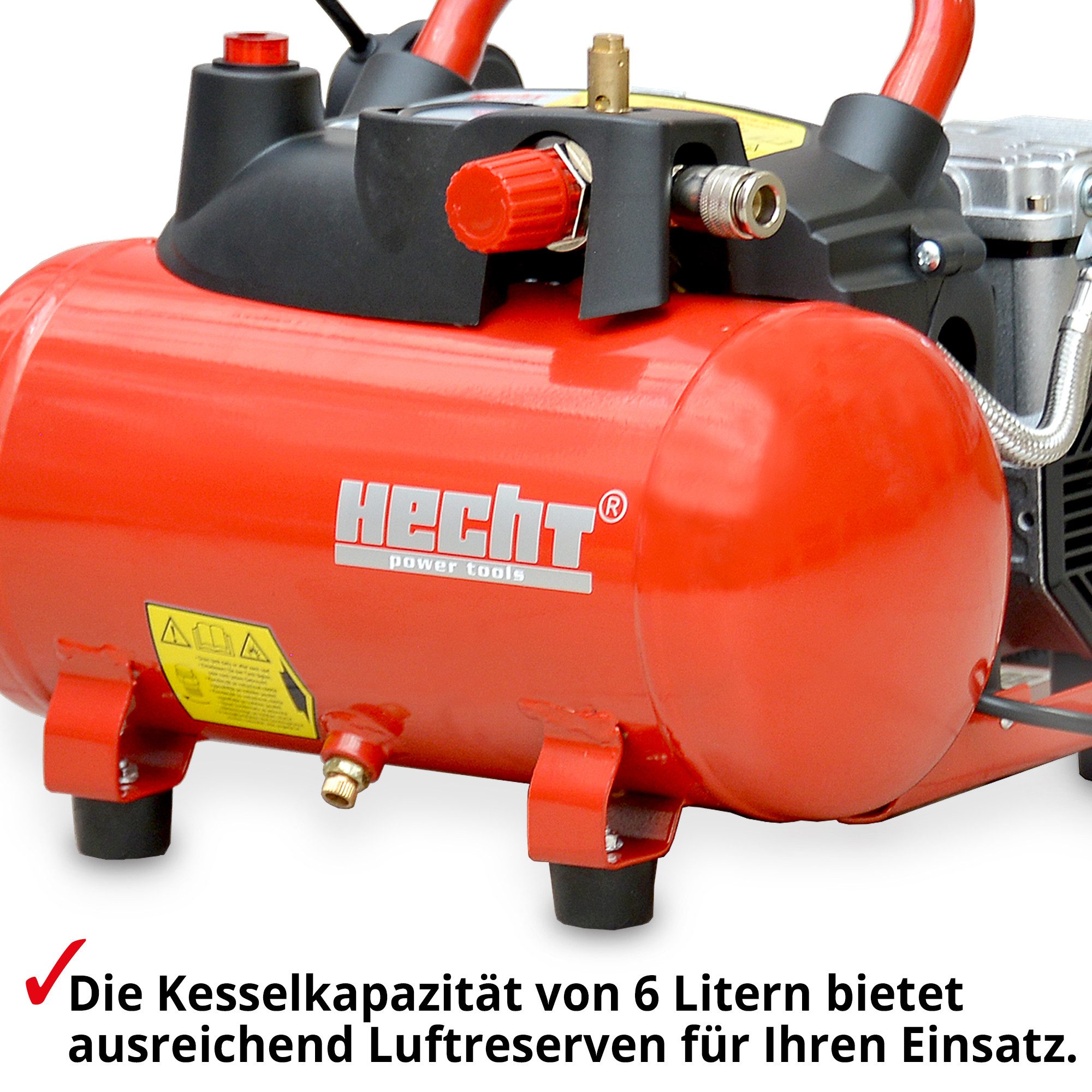 Hecht Kompressor Druckluft Flüster leise Kompressor 67 dB(A) 6 Liter, 1100 W, max. 8,00 bar, 6,00 l, Ölfrei - 1100W - Antivibrationsdämpfer