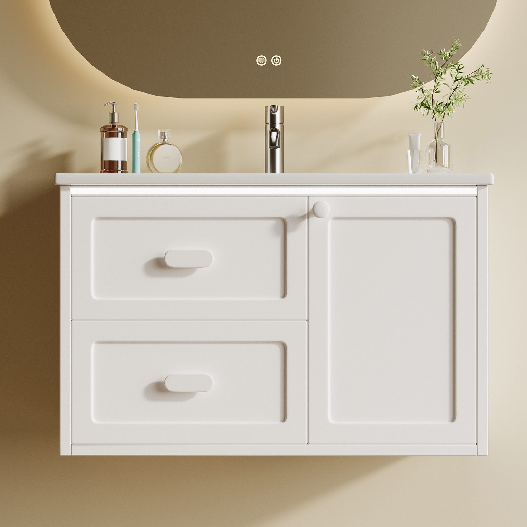 Flieks Waschtisch mit LED-Radarsensor Waschbeckenunterschrank inkl. Waschbecken (B76/T46/H51 cm, 1-St., wandhängend, Volllackierung Badschrank mit Led-Beleuchtung Waschplatz), Badezimmerschrank mit Schubladen und Türablagen Badmöbel-Set Weiß