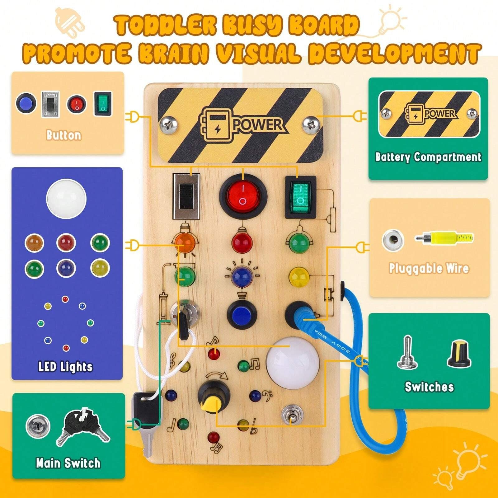 Japace Lernspielzeug Holz Busy Board – LED-Lichtschalter Lernspielzeug für Kleinkinder (1-St) – Bild 4 von 5