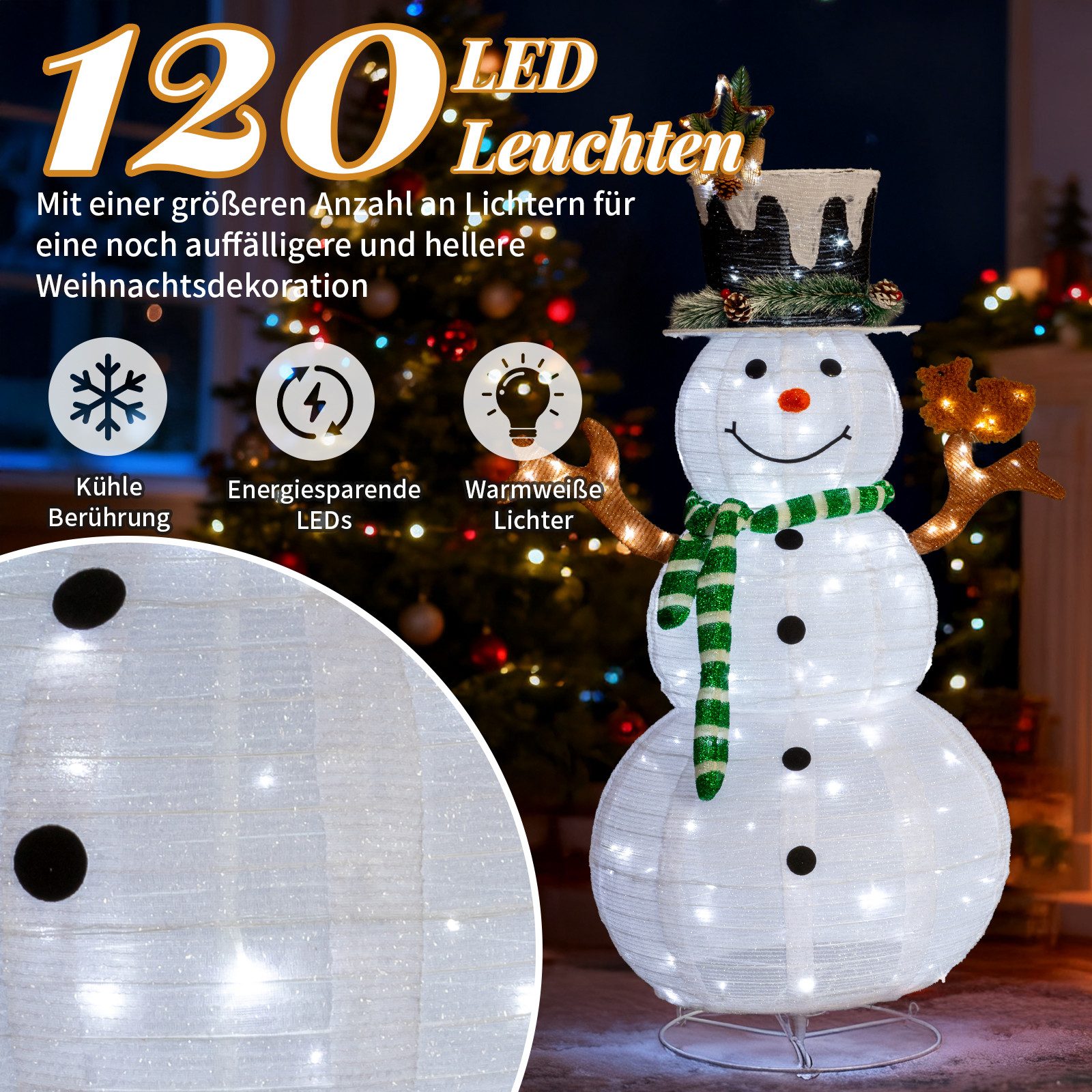 LALAHO Schneemann LED-Schneemann Weihnachten deko, 120cm mit 120 LEDs Weihnachtsbeleuchtung für Innen und Außen