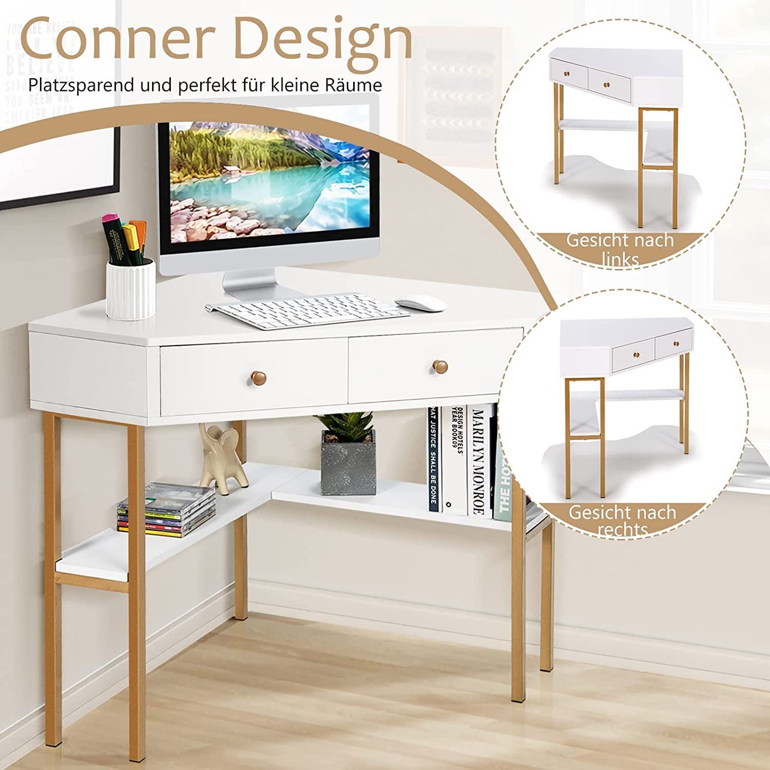 KOMFOTTEU Schreibtisch Winkelschreibtisch, Computertisch mit 2 Schubladen