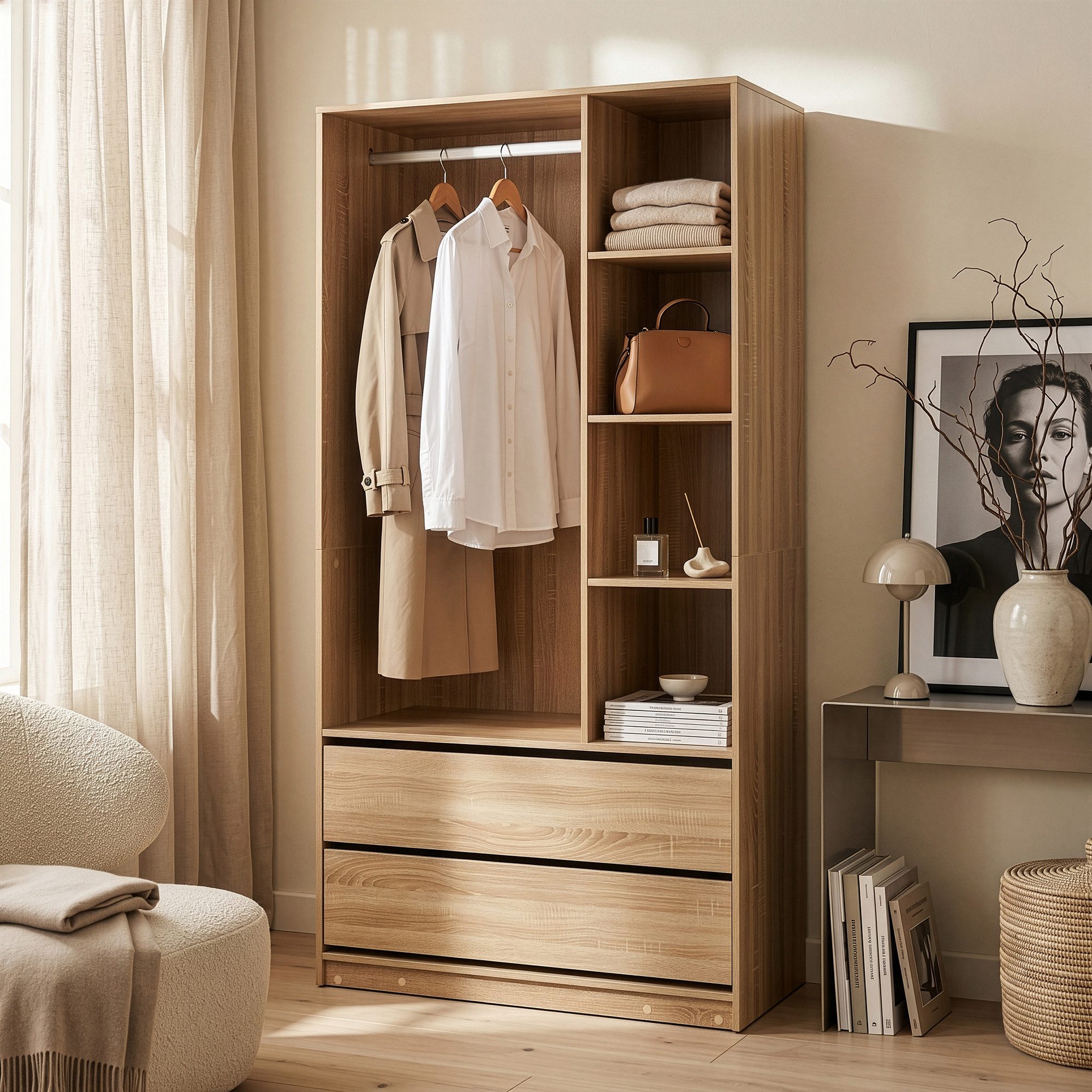 en.casa Kleiderschrank »Vippsaki« mit 4 Fächern 200 x 100 x 50 cm Eicheoptik