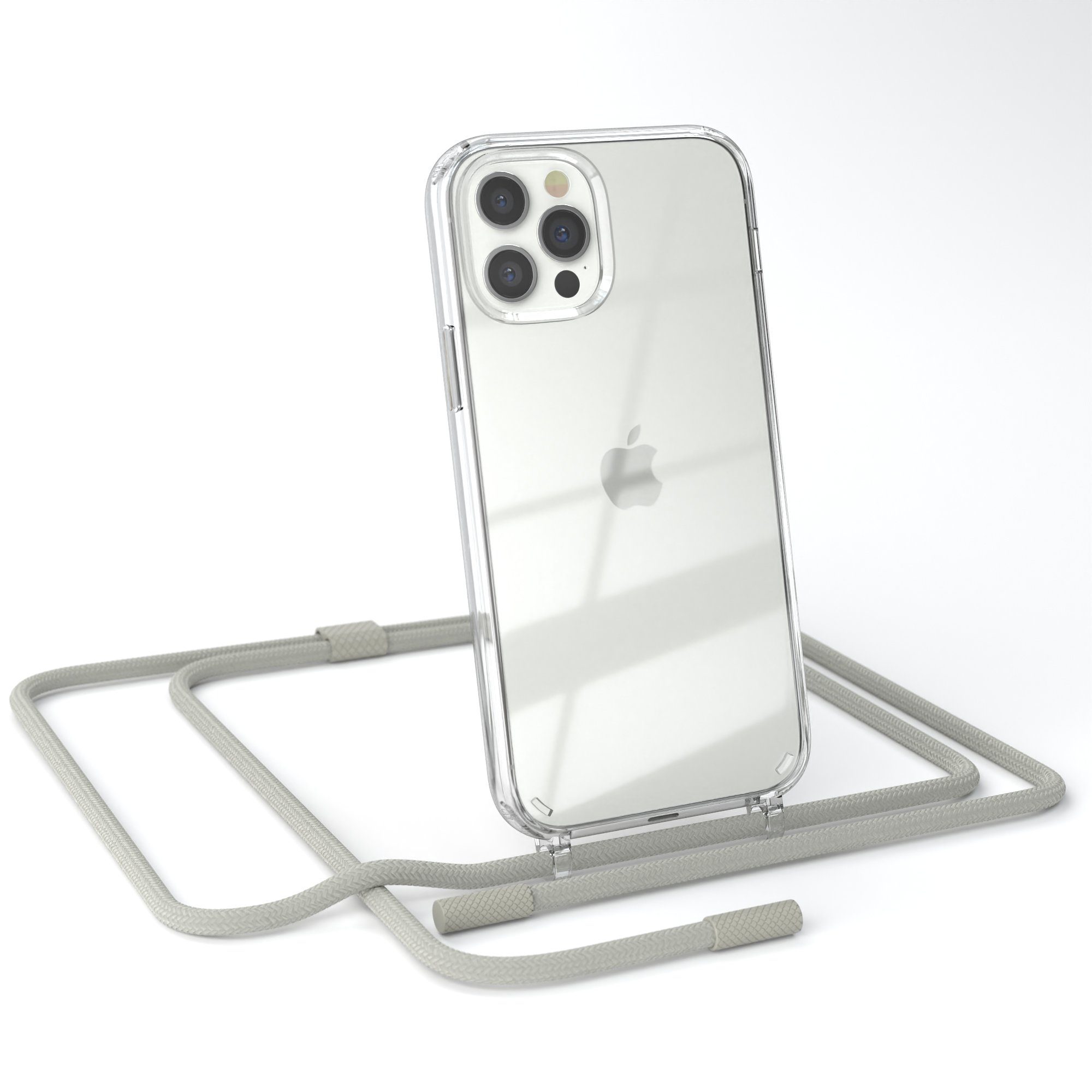 EAZY CASE Handykette Silikon Kette für Apple iPhone 12 iPhone 12 Pro 6,1 Zoll, Schutzhülle zum Umhängen Hülle mit Umhängeband Kettenhülle Grau Taupe