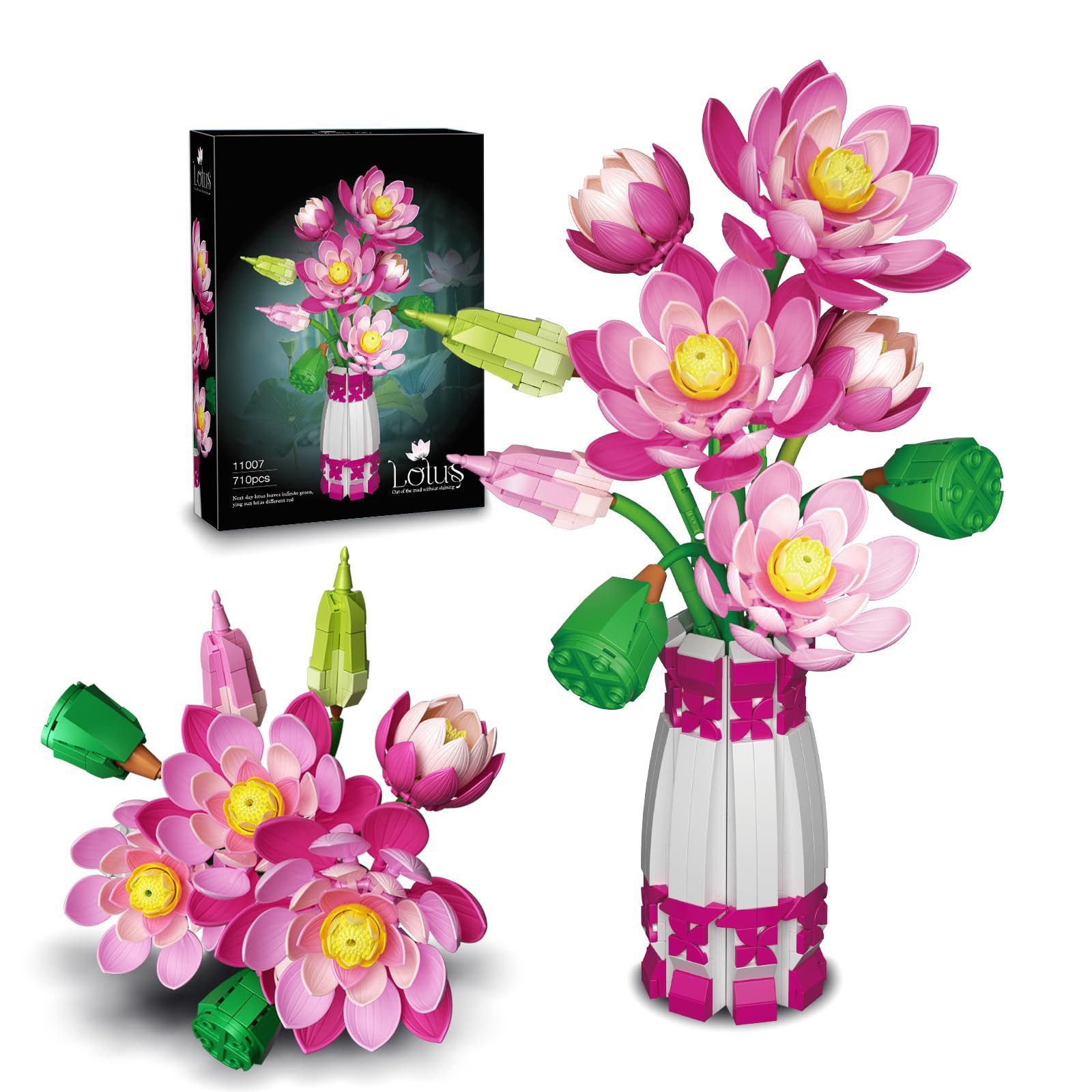 Bundviel Lotus Flowers Botanical Building Kit mit Vase,Lotusblumen-Strauß Spielbausteine, (710 St)