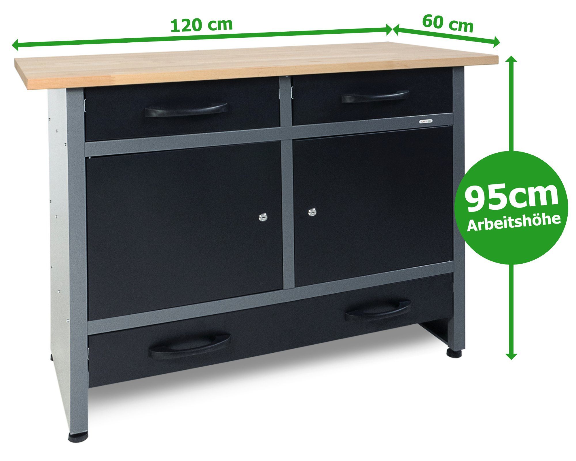 ONDIS24 Werkbank Werktisch 120cm, Montagewerkbank, 3 Schubladen & 2 Türen, Buchenholzarbeitsplatte, Arbeitshöhe 95 cm