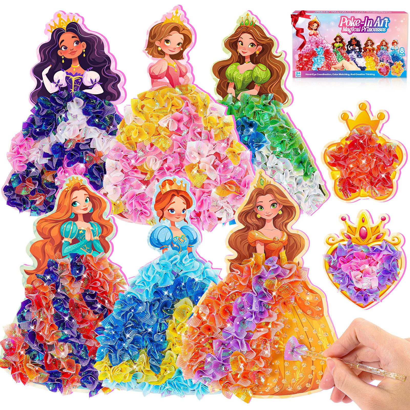 Wootoy Kreativset DIY Poke-In Bastelset für Mädchen Steckspiel Lernspielzeug ab 4, (mit 6 Prinzessinnen und 2 Zauberstäbe, 1-tlg., Fertige mit 3D-Effekt lassen sich dekorativ im Kinderzimmer aufstellen), Komplettes Bastelset mit umfangreichem Zubehör
