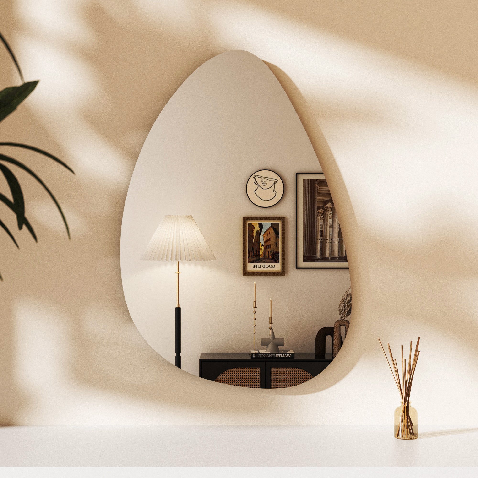 Hopibath Dekospiegel 45-90cm Deko Spiegel Wand Modern Schminkspiegel Kosmetikspiegel (Wandspiegel Asymmetrisch Rahmenlos, Mehr Größen), Wassertropfen, Wolke, Stein, Kieselstein