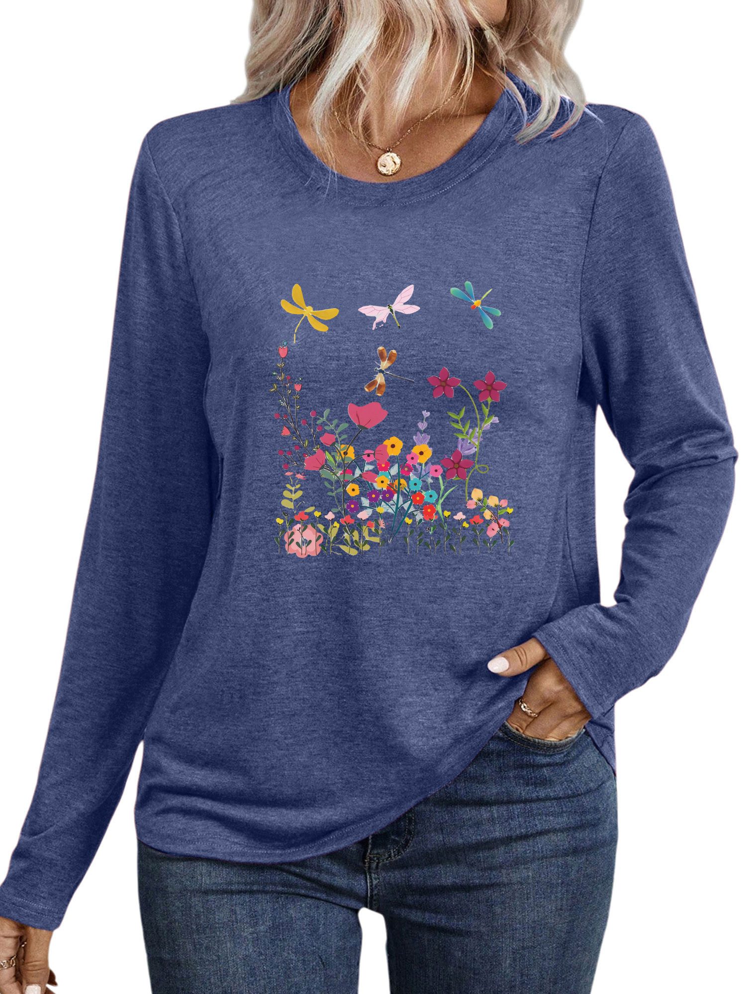 PYLIKE Rundhalsshirt Damen Rundhalsausschnitt mit Schmetterlingsblumen Prin günstig online kaufen