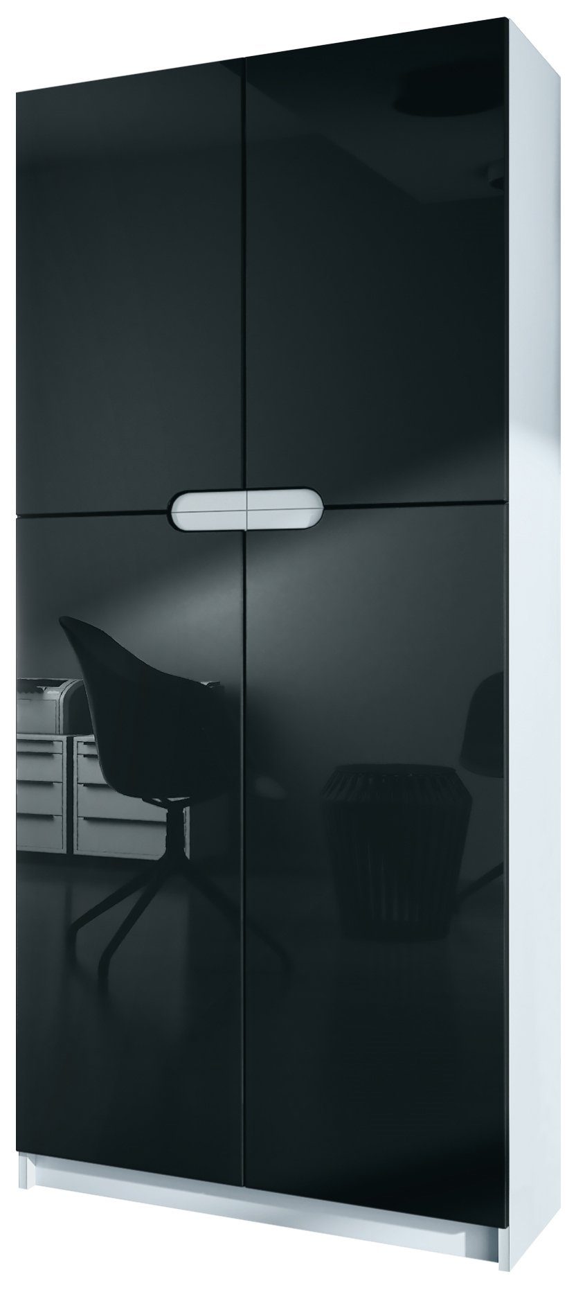 Vladon Aktenschrank Logan (Aktenschrank, mit 5 Fächern und 4 Türen) Weiß matt/Schwarz Hochglanz (82 x 185 x 37 cm) Fronten in Schwarz Hochglanz