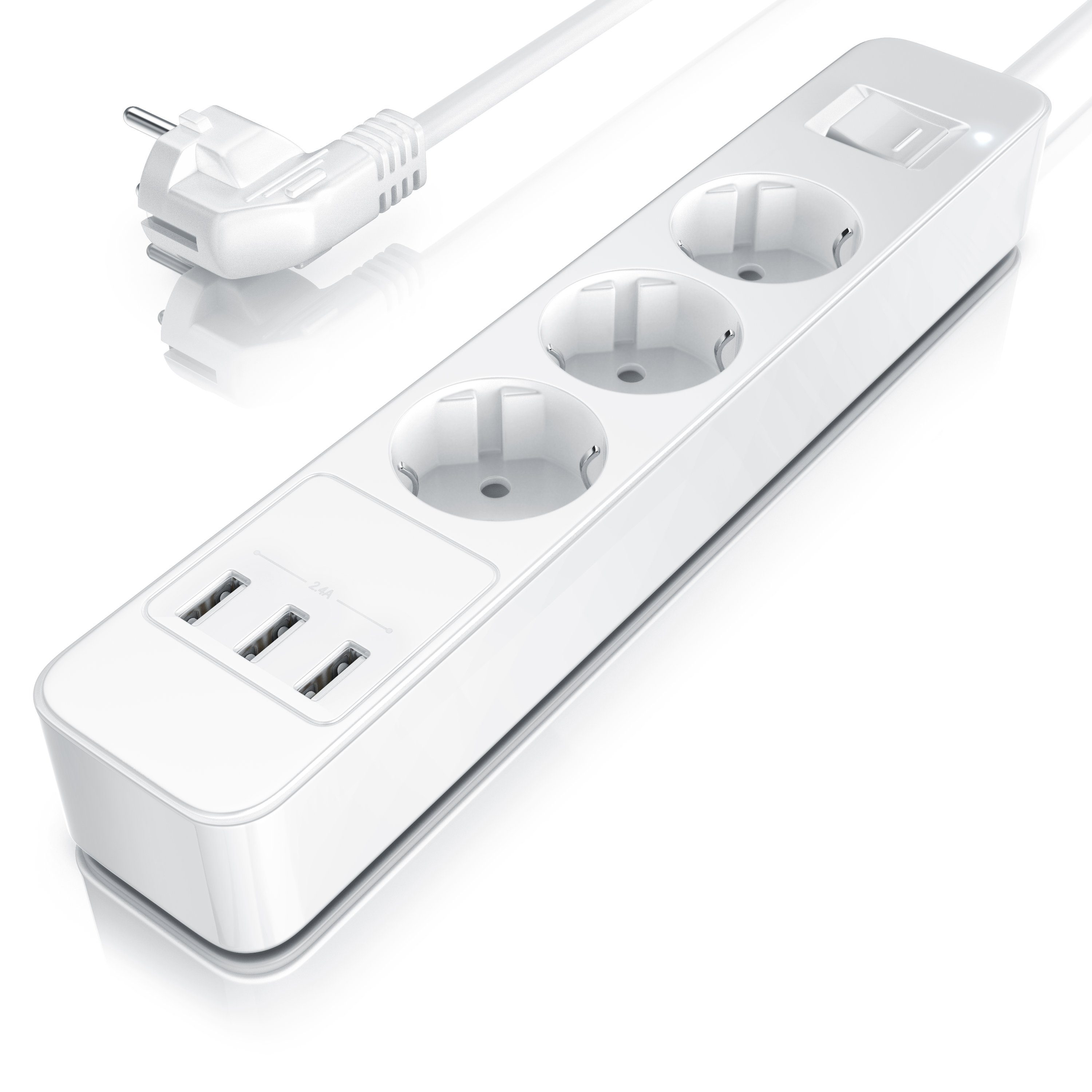 BEARWARE 3-fach mit 3x USB Ladeports und integriertem Kinderschutz Steckdosenleiste 3-fach (Ein-/Ausschalter, USB-Anschluss, Schutzkontaktstecker, Kindersicherung, Überspannungsschutz, Kabellänge 1,50 m), lädt Smartphone und Tablet ohne Netzteil, für Büro