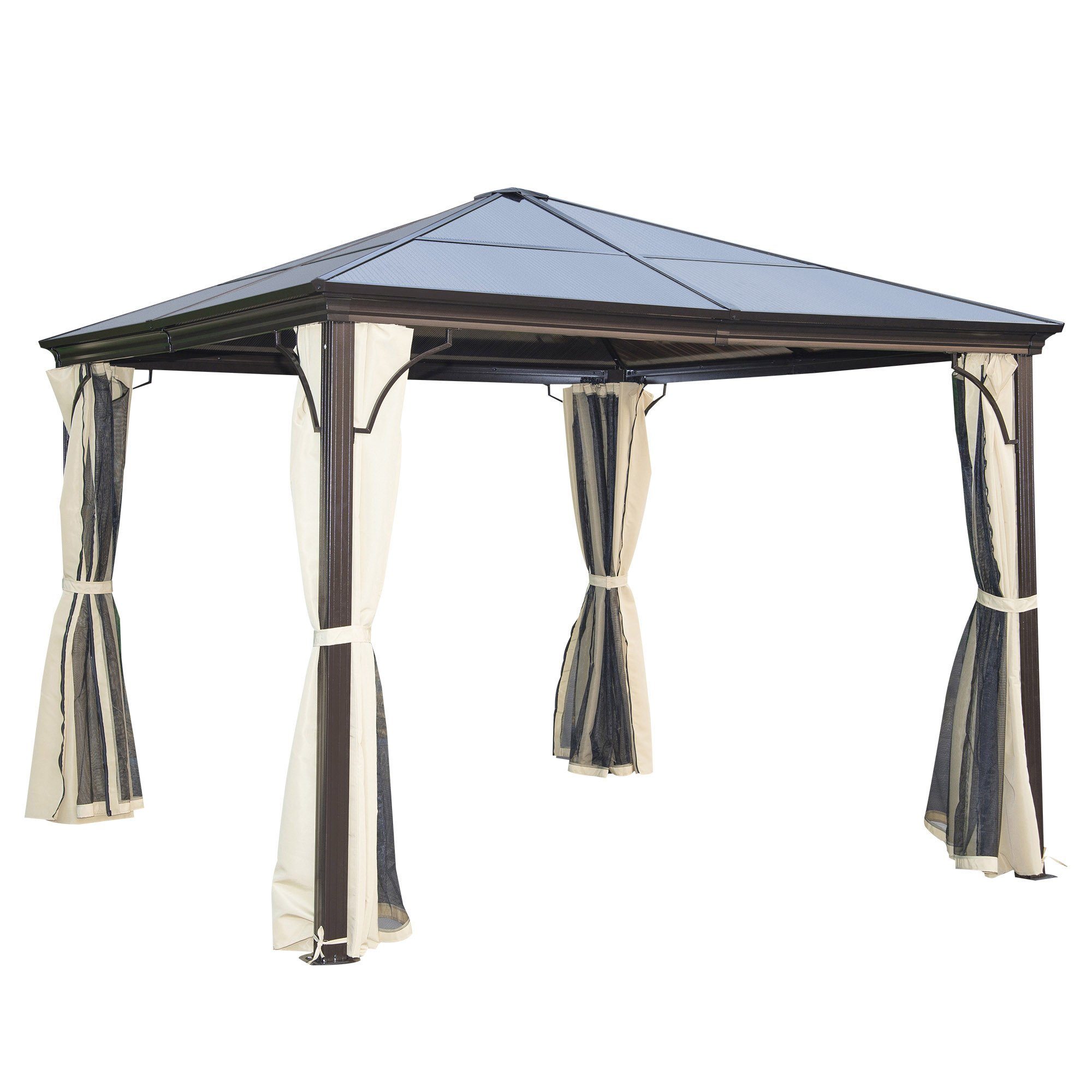 Pavillon mit Polycarbonatdach, Vorhänge mit Fliegennetz