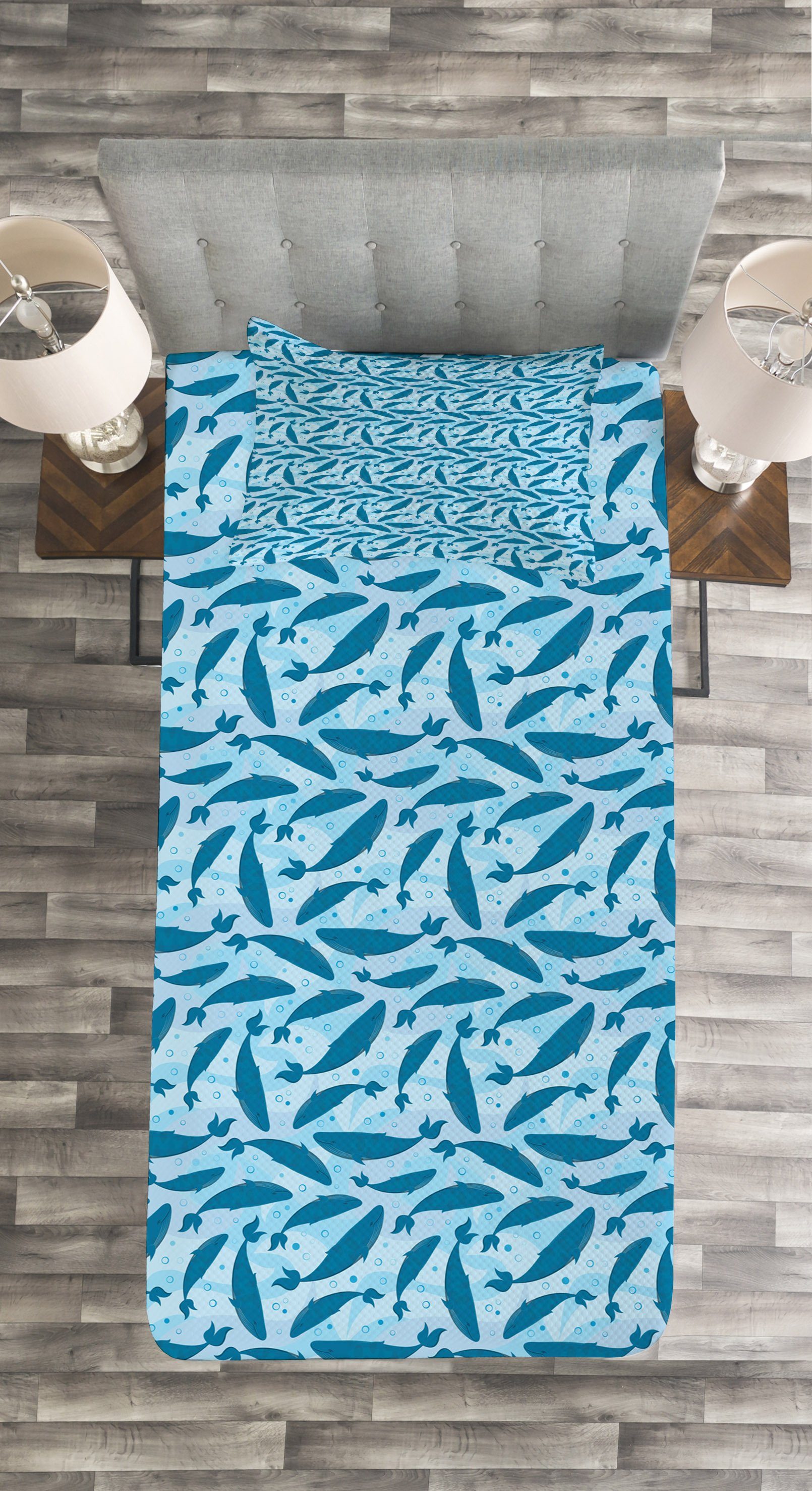 Tagesdecke Wal Wassertiere Big Kissenbezügen Set Blue Waschbar, Abakuhaus, mit
