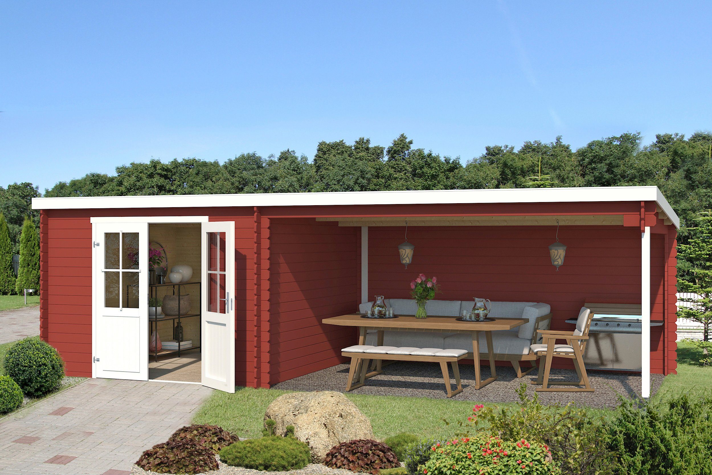 LASITA MAJA Gartenhaus St. Louis, BxT: 701x319 cm, (Set), Blockbohlenhaus 28mm, mit Anbau