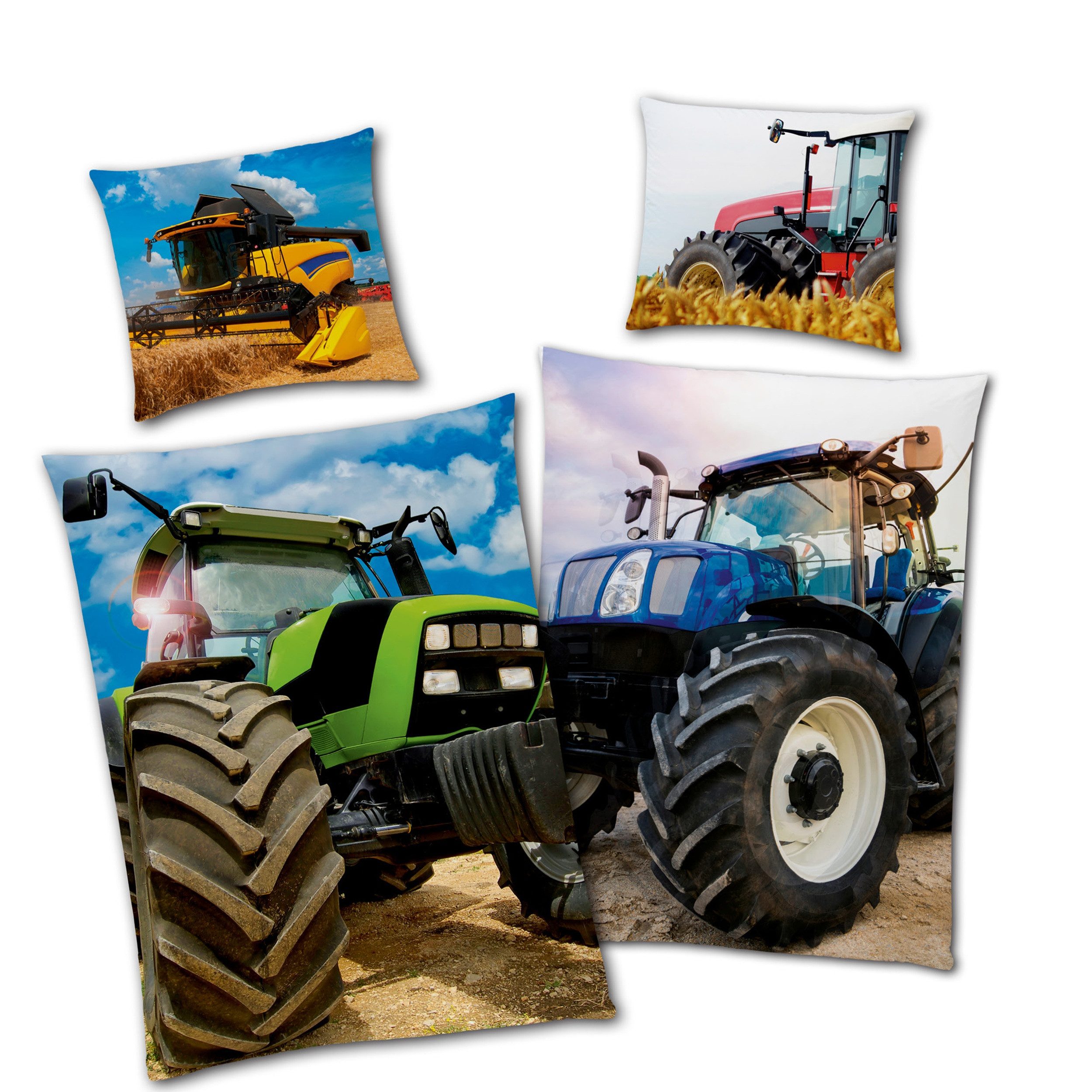 Familando Kinderbettwäsche Traktor Trekker, Set 135x200 80x80 cm, 100% Baumwolle, Reißverschluss, Renforcé, 2 teilig, mit rotem und grünem Traktor (Wendemotiv)