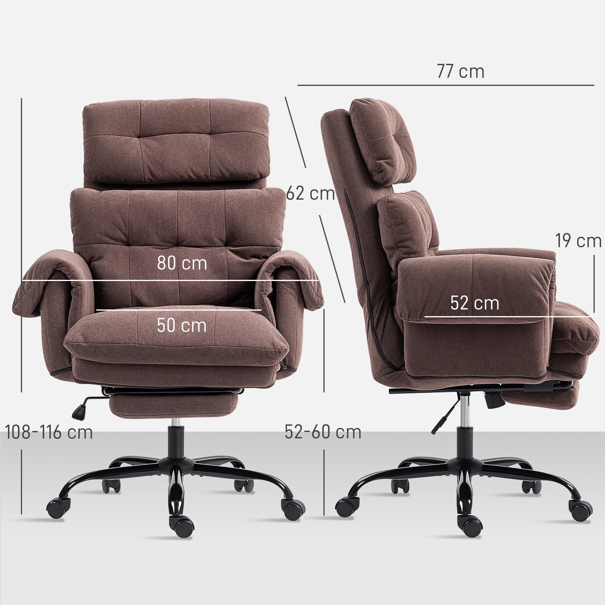 HOMCOM Schreibtischstuhl Bürostuhl, Drehstuhl mit Armlehne, Fußstütze, Computerstuhl (Bürostuhl mit verstellbarer Rückenlehne, 1 St), Polstersessel, höhenverstellbar, Schaumstoff, Metall, Braun