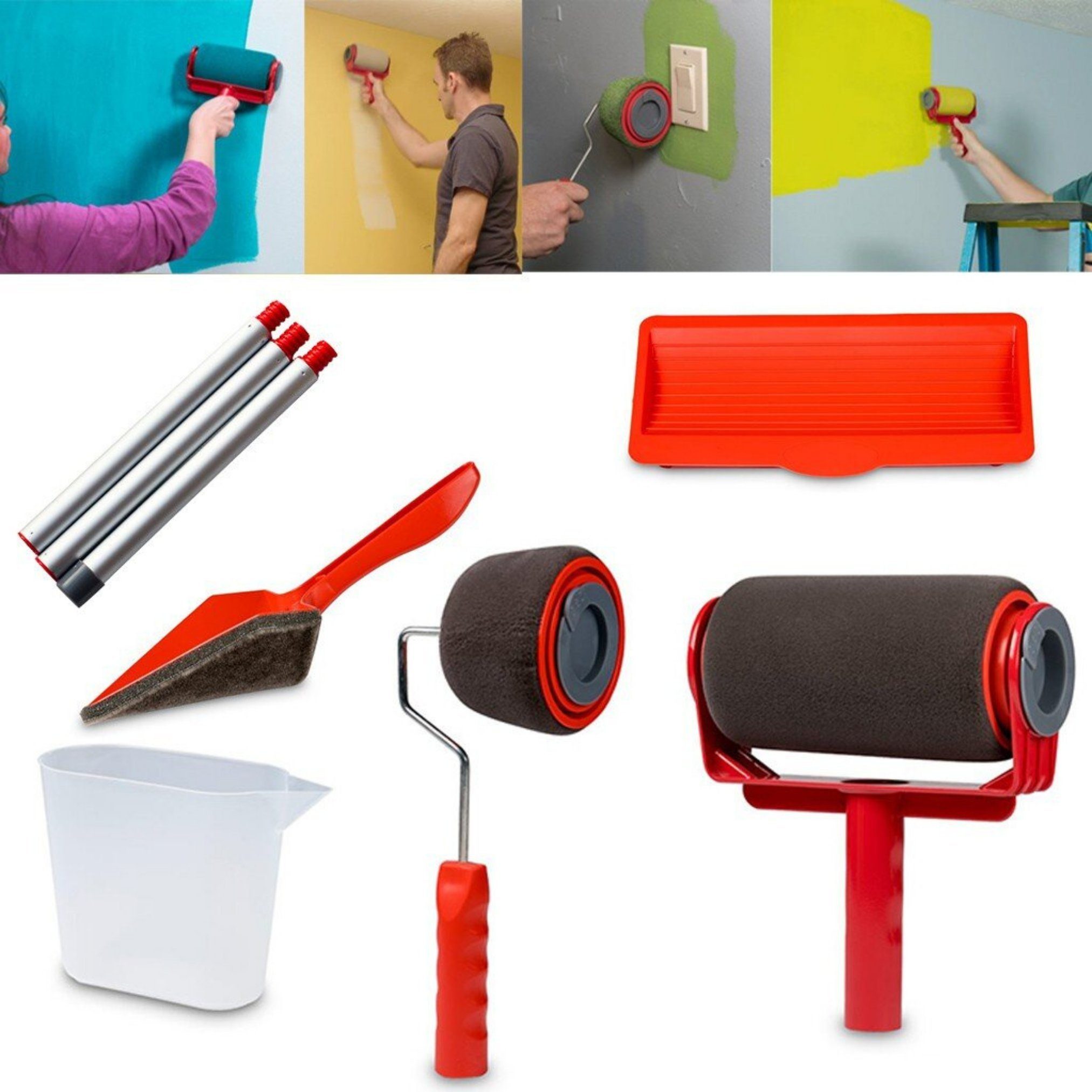 Best Direct® Farbroller Paint Racer® befüllbarer Farbroller (Spar Set, 6-St., mit Teleskop / Verlängerungsstange), Farbroller mit Tank, Set Multifunktion für Büro, Malerei, Wand, Decke